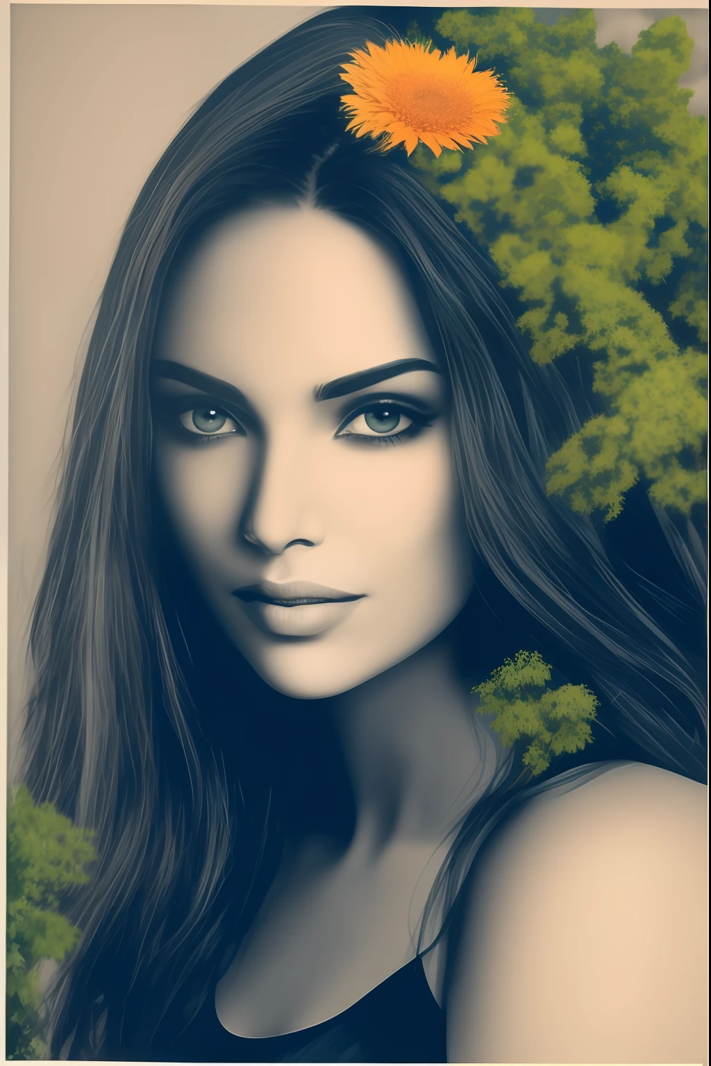 Eve from Eden, beautiful natural girl, brown eyes!!!, beautiful brown skin, beautiful, long, black hair, beautiful paradise, paradise green plants, green trees, flowers, fruits, beautiful green garden, cloudy sky, grey clouds, cloudy weather, colorful image, realistic proportions,beautiful face, symmetrical face, symmetrical eyes, dynamic pose, intricate, intricate details, sharp focus --auto