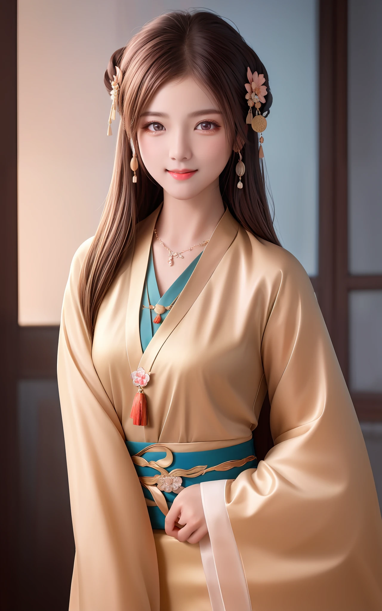 Superb Quality, Masterpiece, High Resolution, 1Girl, Blush, (Seductive Smile: 0.8), Star Eyes, Chinese Hanfu, Hair Accessories, Necklaces, Jewelry, Beauty, on_body, Tyndall Effect, Realistic, Shadow Room, Light Edge, Two-tone Lighting, (High Detail Skin: 1.2), 8K UHD, SLR, Soft Light, High Quality, Volume Lighting, Candid Photo, High Resolution, 4K, 8K, Background Blur, Realistic