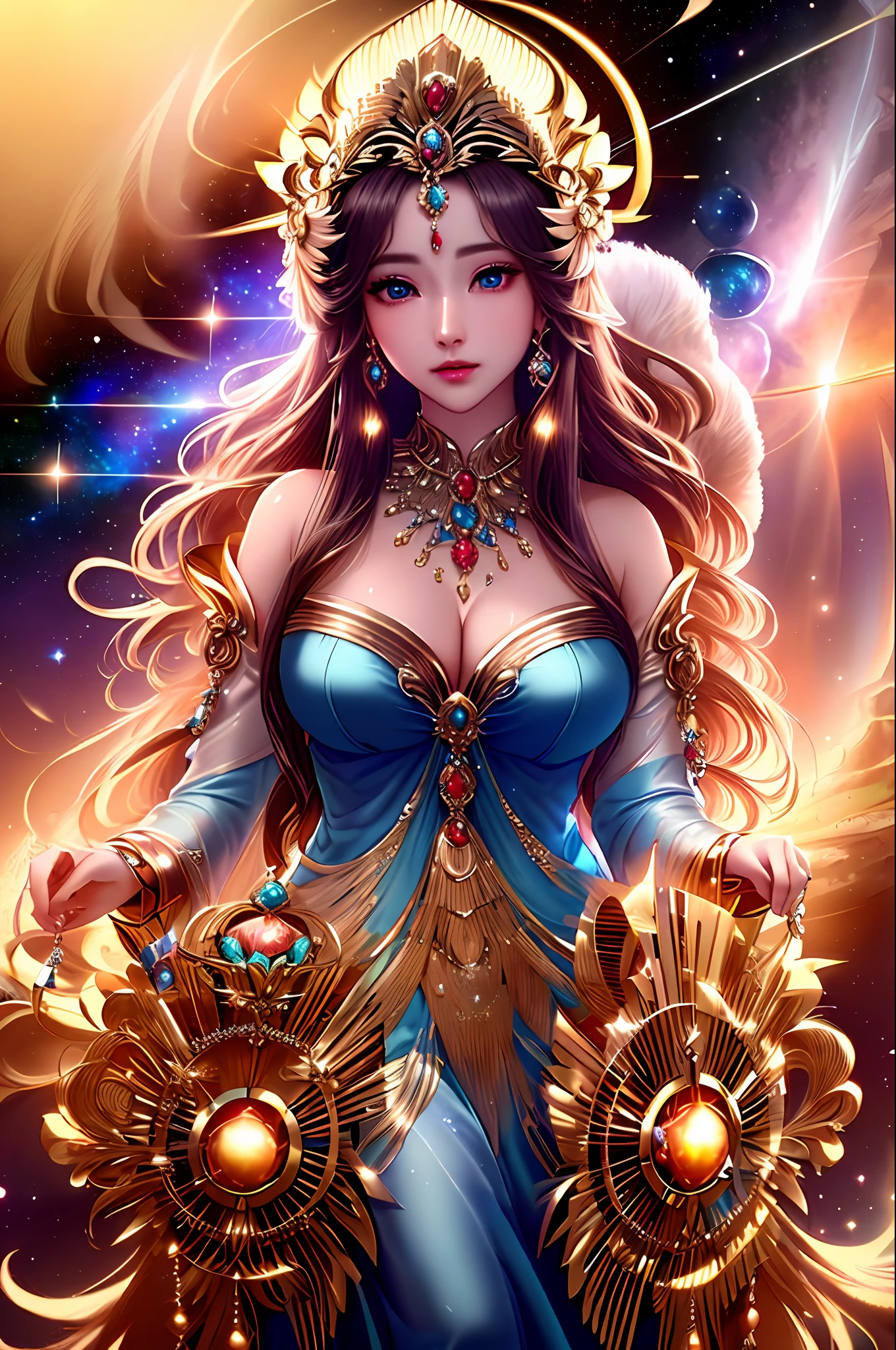 masterpiece, 8k, dslr, ultra-high quality, perfect face, clean, flawless, best illumination, ((a goddess of creation, creating a universe, majestic outfit, godly, in front)), very long hair, jewelery, hair ornament, cinematic lighting, beautiful and detailed eyes, beautiful skin, attractive, ultra-high resolution, high-definition,detailed background,