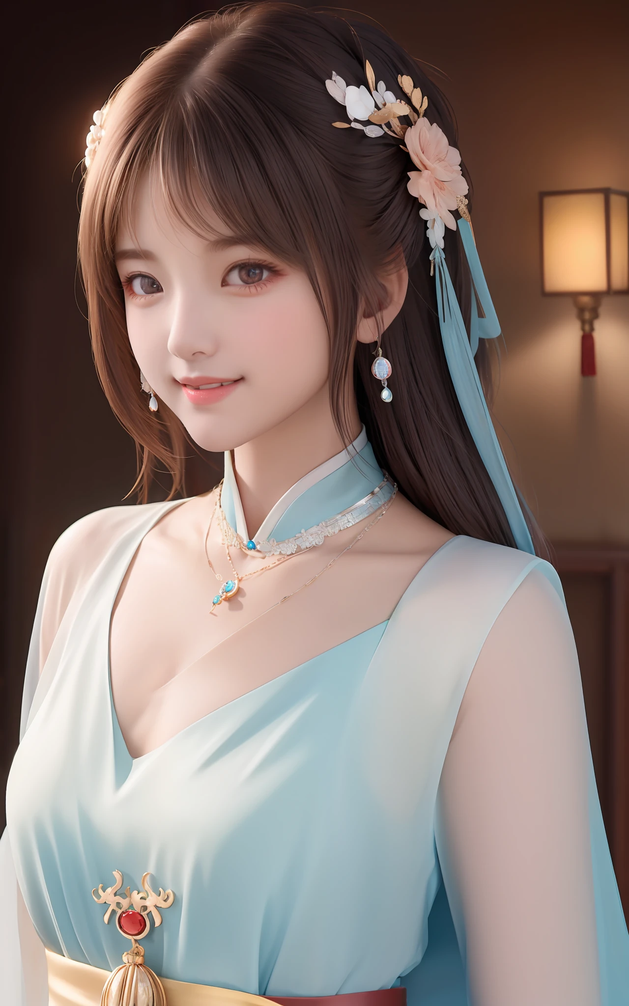 Superb Quality, Masterpiece, High Resolution, 1Girl, Blush, (Seductive Smile: 0.8), Star Eyes, Chinese Hanfu, Hair Accessories, Necklaces, Jewelry, Beauty, on_body, Tyndall Effect, Realistic, Shadow Room, Light Edge, Two-tone Lighting, (High Detail Skin: 1.2), 8K UHD, SLR, Soft Light, High Quality, Volume Lighting, Candid Photo, High Resolution, 4K, 8K, Background Blur, Realistic