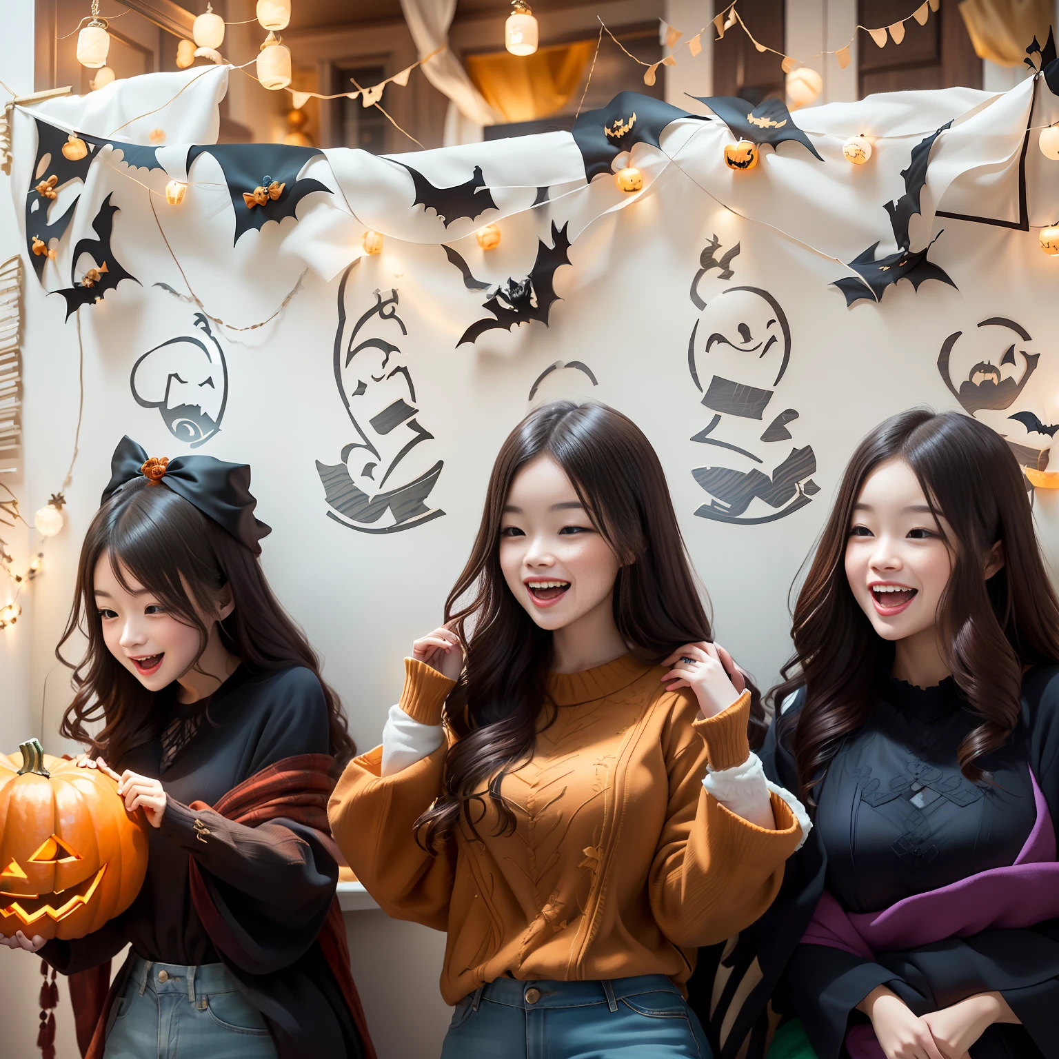 a Halloween ghost banner, hung in a cozy living room filled with laughter and joy, children dressed in cute costumes, surrounded by their family members, pumpkin decorations and spooky props adorning the space, warm and inviting lighting, a festive ambiance that brings everyone together in celebration of the holiday.