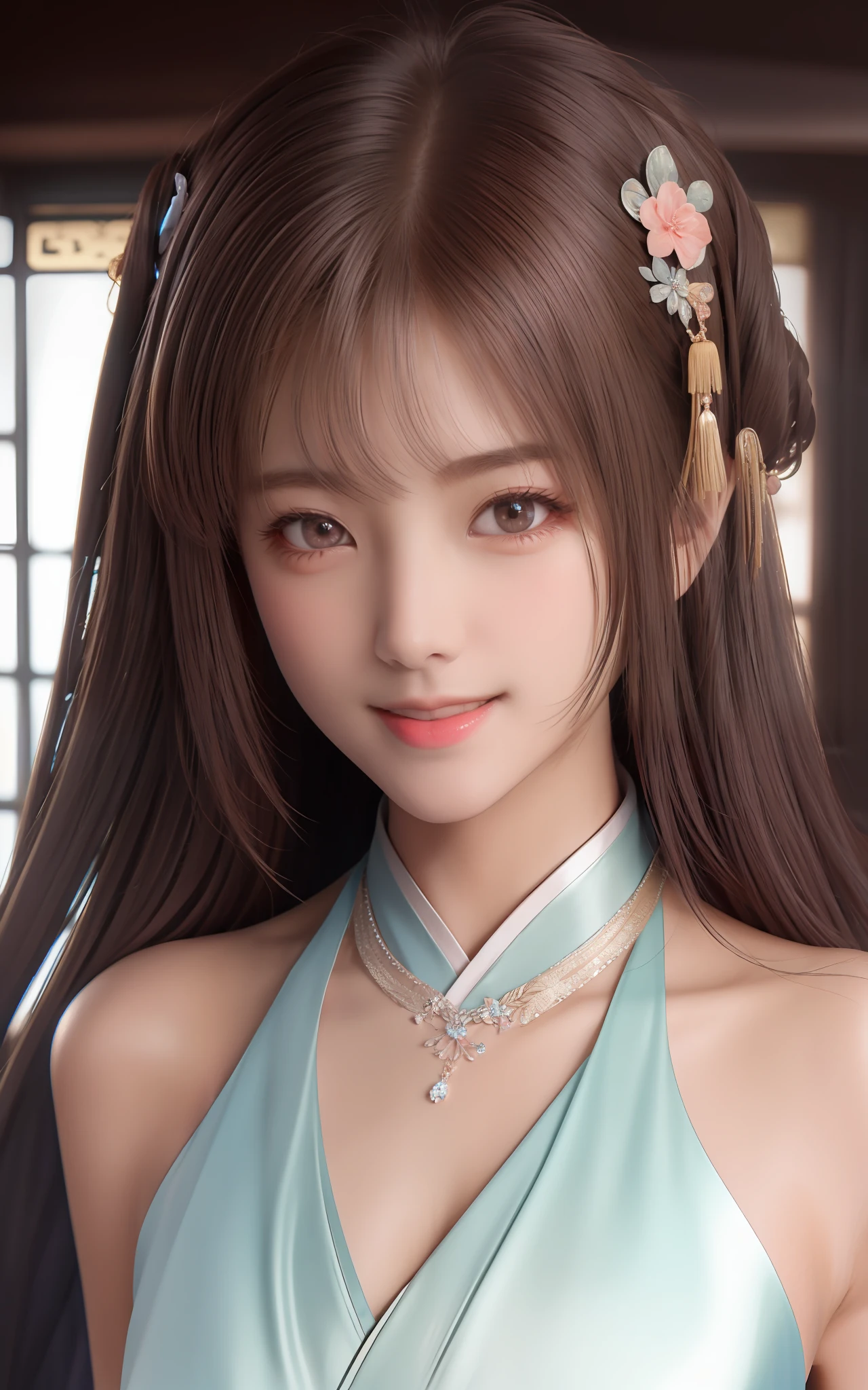 Superb Quality, Masterpiece, High Resolution, 1Girl, Blush, (Seductive Smile: 0.8), Star Eyes, Chinese Hanfu, Hair Accessories, Necklaces, Jewelry, Beauty, on_body, Tyndall Effect, Realistic, Shadow Room, Light Edge, Two-tone Lighting, (High Detail Skin: 1.2), 8K UHD, SLR, Soft Light, High Quality, Volume Lighting, Candid Photo, High Resolution, 4K, 8K, Background Blur, Realistic