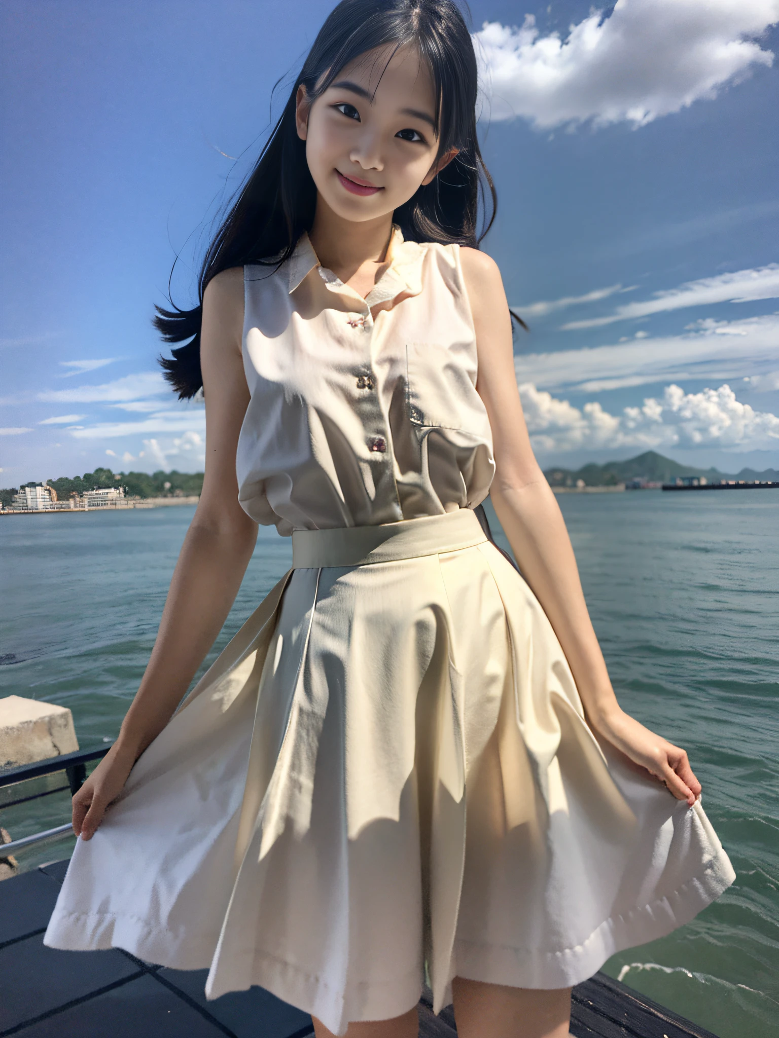 Original quality, highest quality, best image quality, exaggerated details, cute 8--old an girl with shy expression, slightly squinted eyes, adjust her hair, long eyelashes (long/very, sleeveless hair) outdoors, posing in front of the camera, highlight breasts. Wearing a white shirt, a little smile.
