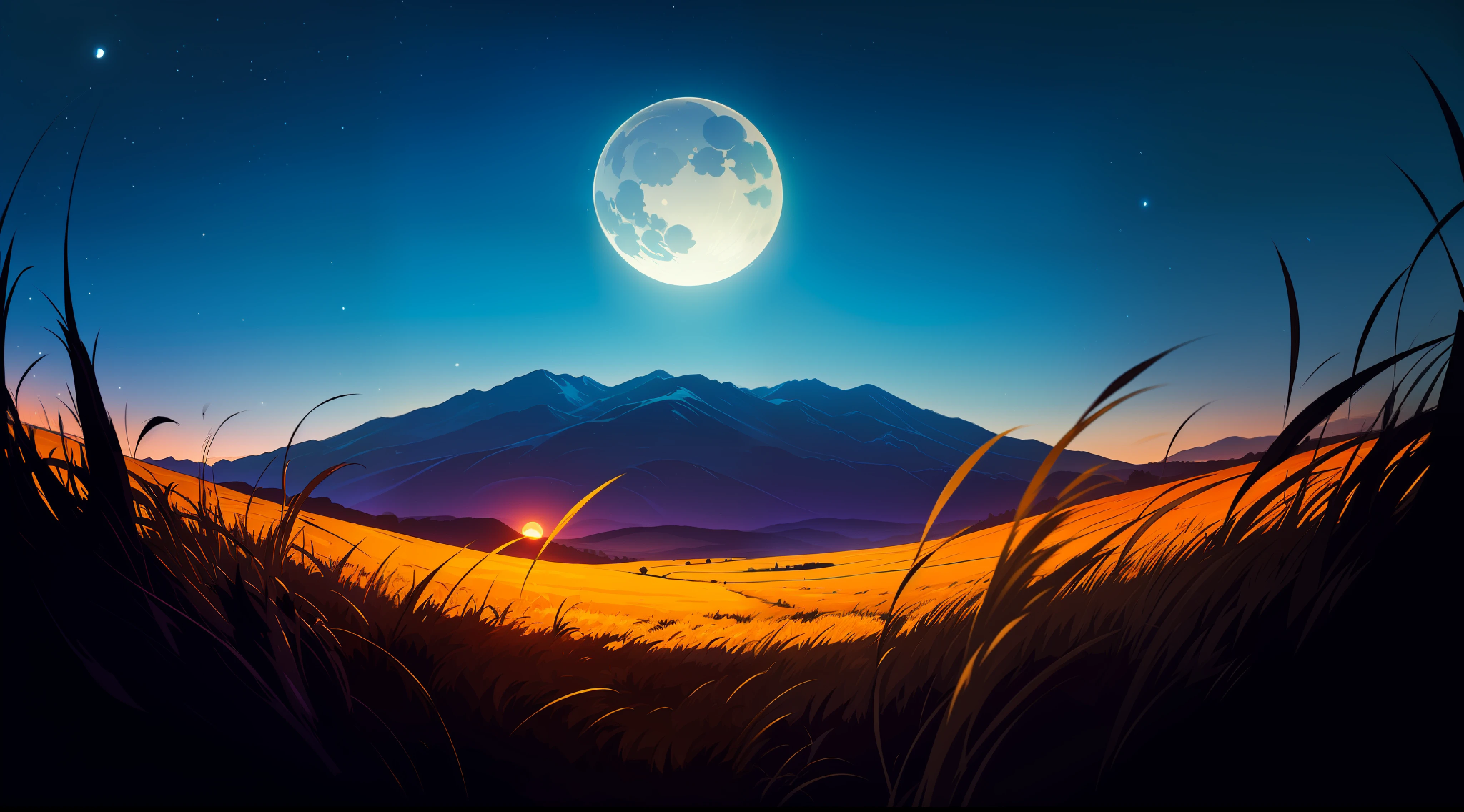expansive landscape photograph , (a view from below that shows sky with full moon above and open field below)