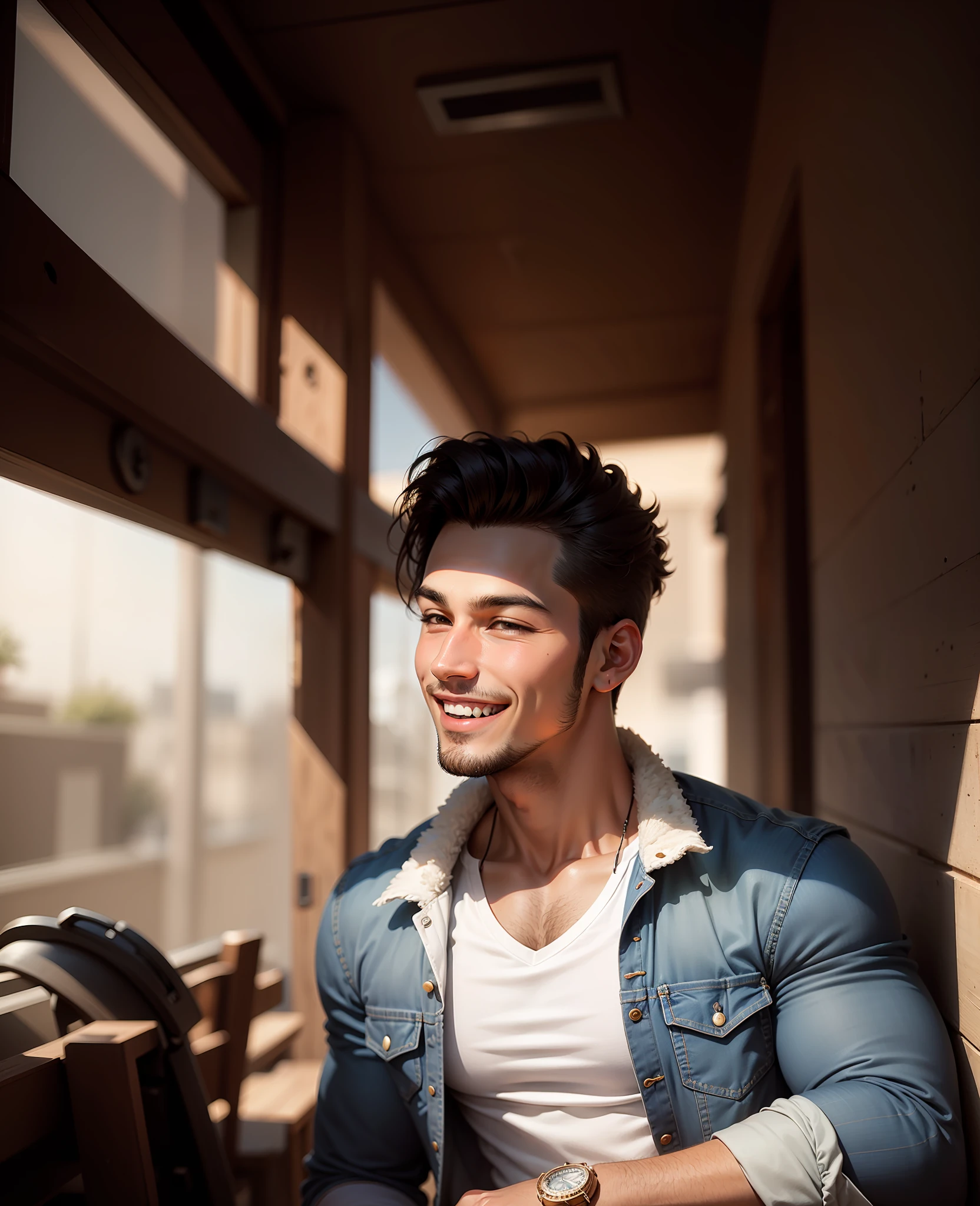 Carlos is smiling and cheerful, wearing a short shirt and jeans