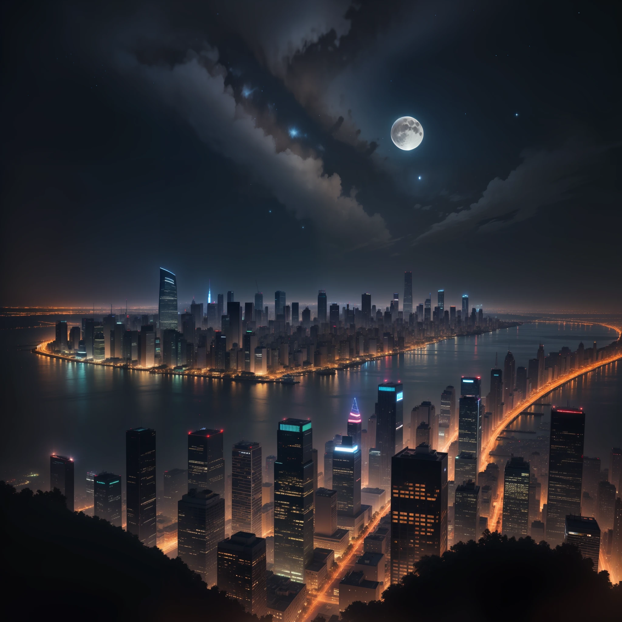 "The city glows at night, with twinkling lights from skyscrapers rising toward the starry sky. From the top of a lookout, the panoramic view is breathtaking. The horizon is dotted with towering buildings, while the night sky is illuminated by twinkling stars and a full moon. It's a dazzling and inspiring scene."