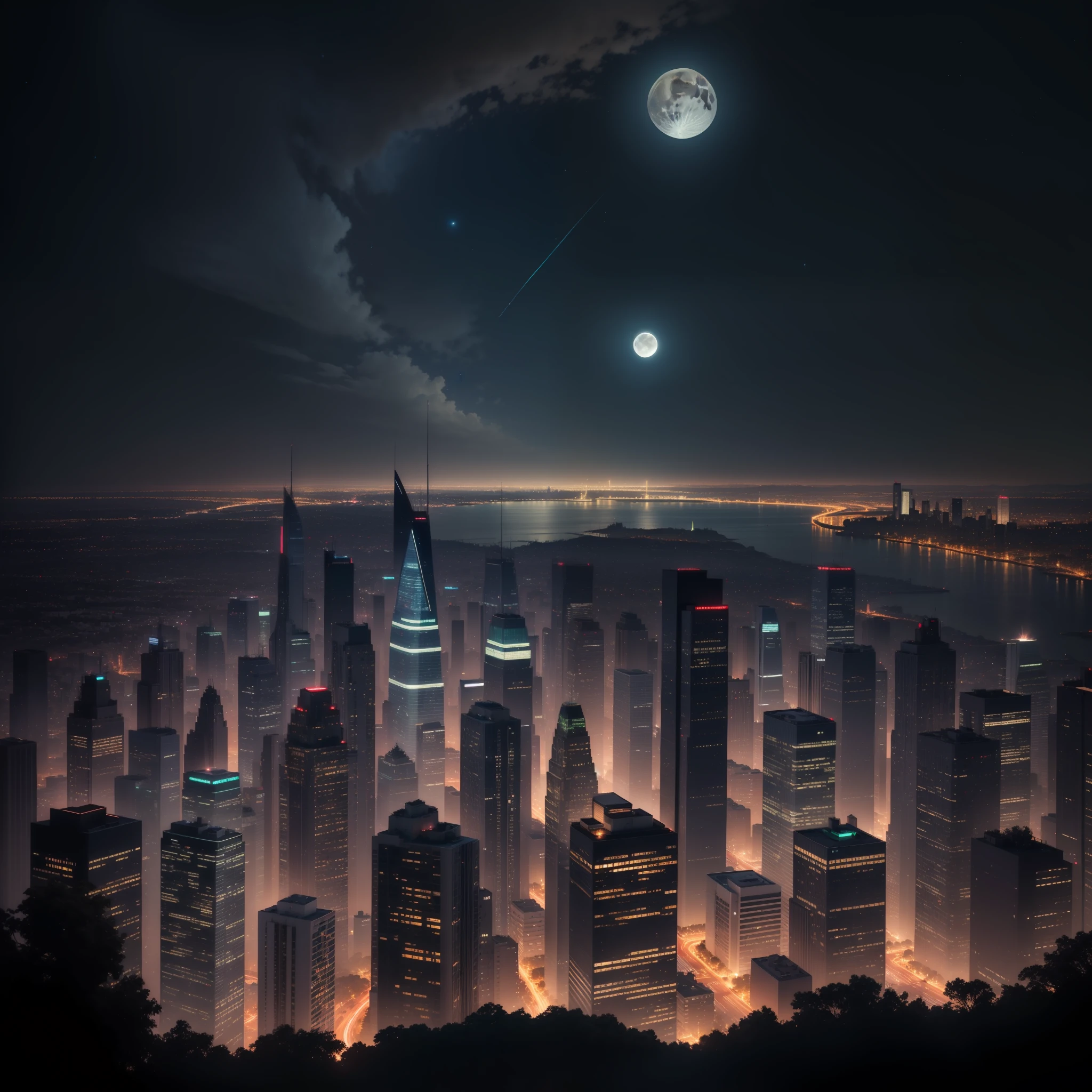 "The city glows at night, with twinkling lights from skyscrapers rising toward the starry sky. From the top of a lookout, the panoramic view is breathtaking. The horizon is dotted with towering buildings, while the night sky is illuminated by twinkling stars and a full moon. It's a dazzling and inspiring scene."