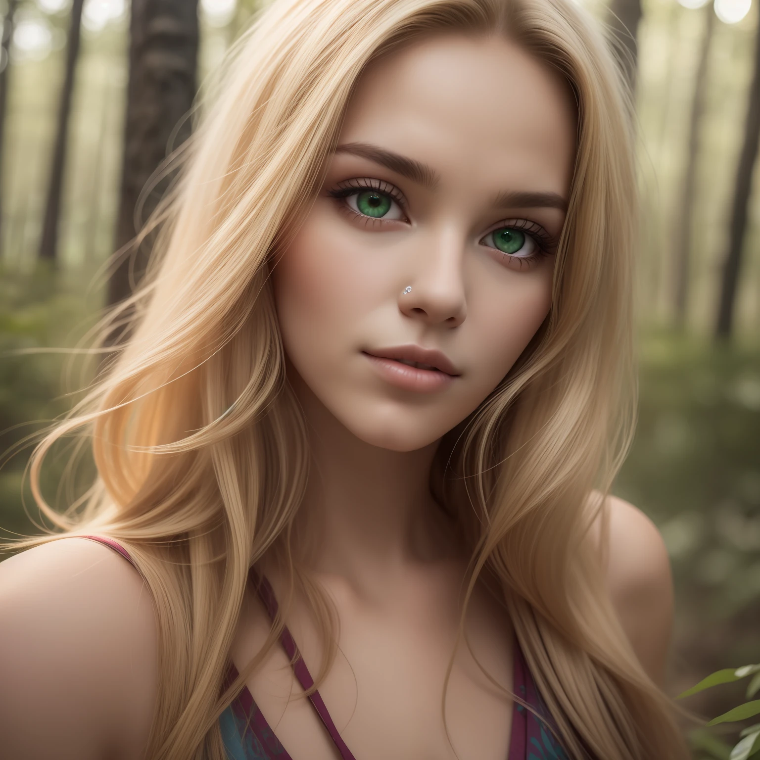 human being, woman, blonde, shoulder-length hair, age 27 years, Brazilian, beautiful face, very high quality, ultra realistic, forest background, selfie, natural eyes, light green eyes, hippie