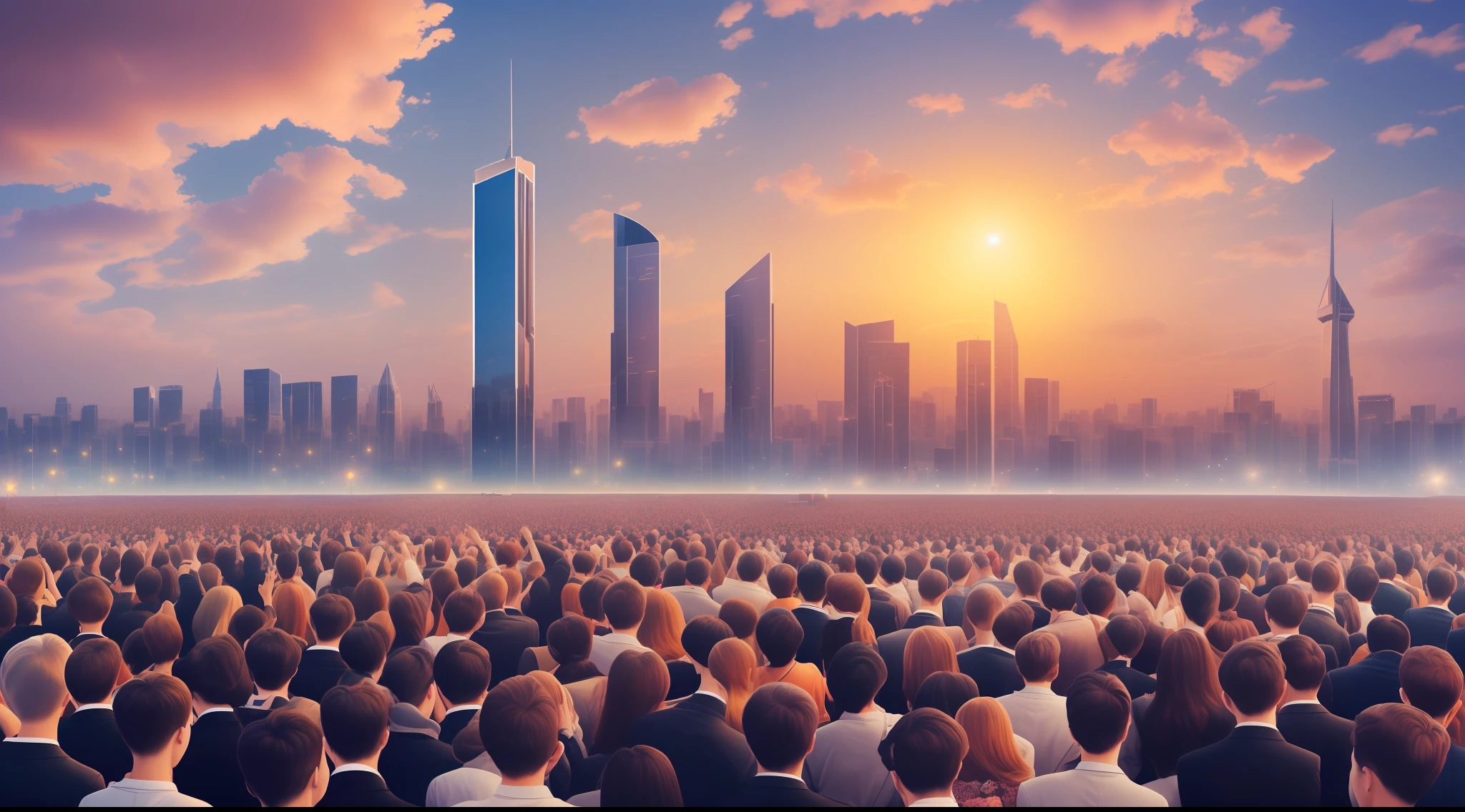 crowd ascending vertically toward the sky, men and women flying, with buildings of city, glory and majesty of Jehovah, mystical ambiemte, atmosphere of glorious