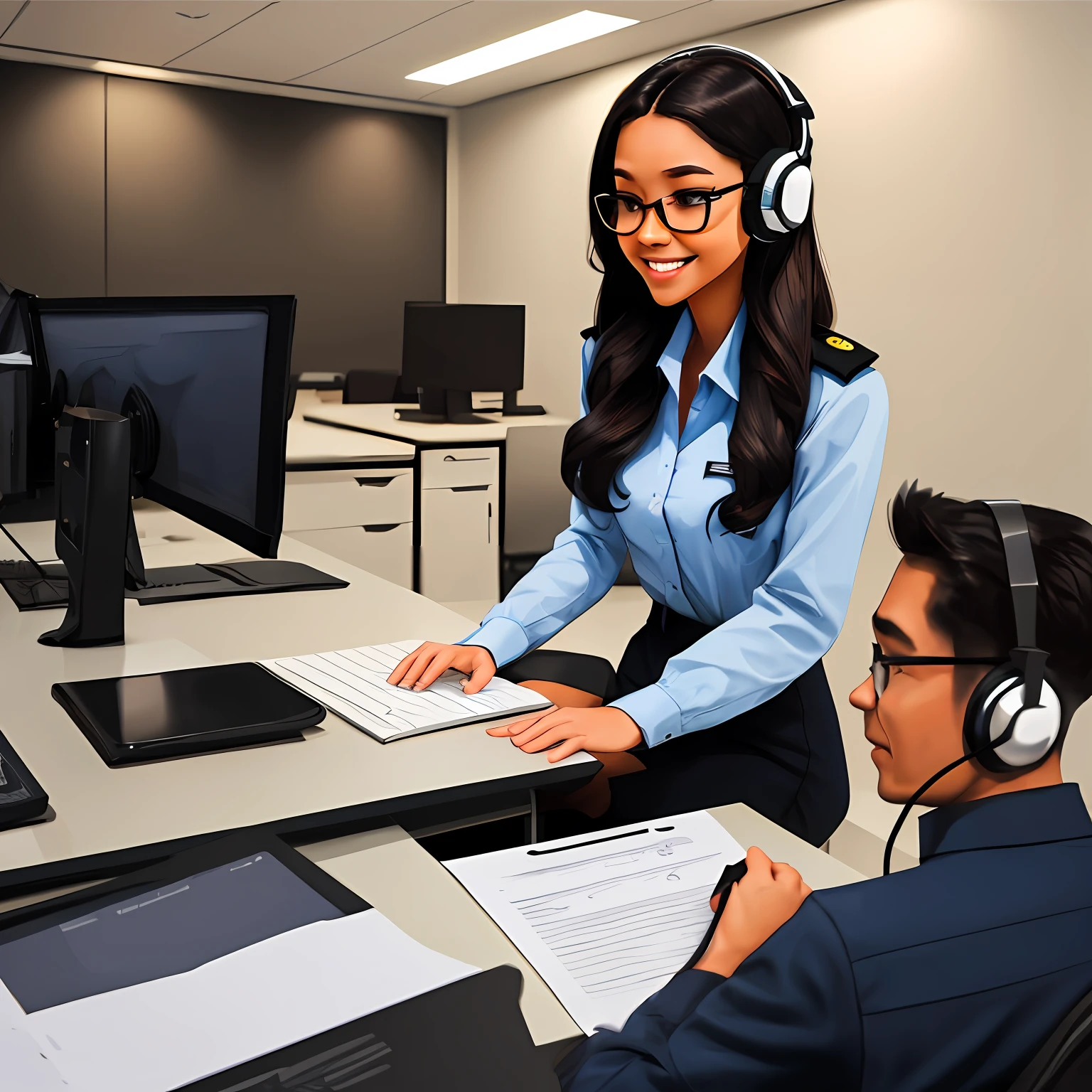 Realistic image of a magnificent girl, with long black hair that cascades at shoulder height, forming beautiful curls. His dark brown eyes emanate an expression of serenity and curiosity. She wears glasses that enhance her intellectuality and a discreet smile plays on her lips.
Dressed in an elegant navy blue shirt, the young woman is immersed in her work in a quiet office room. A headset wraps around your ears, evidencing your dedication to work and your connection to technology. She's sitting facing a bright monitor, her skilled hands resting on the keyboard, ready to create and communicate.
The setting around the girl reveals a corporate room that belongs to a company selling fire extinguishers. The wall has a chart with graphics and diagrams related to fire safety, conveying the importance of the service that the company offers. Although the atmosphere is professional, the atmosphere is cozy and welcoming, standing out for the soft tones and pleasant lighting.
The girl's countenance conveys a perfect combination of calm and joy, showing her passion for work and her satisfaction in helping to keep people safe. His eyes reflect a glint of purpose and confidence, symbolizing his tradition of performing his tasks with excellence.
This masterpiece captures the beauty of diversity and harmony found at work when one is committed to a greater cause. The girl represents female strength and talent, bringing an element of empowerment to the image. His presence fills the room with a positive and inspiring energy, making it tasty. --auto