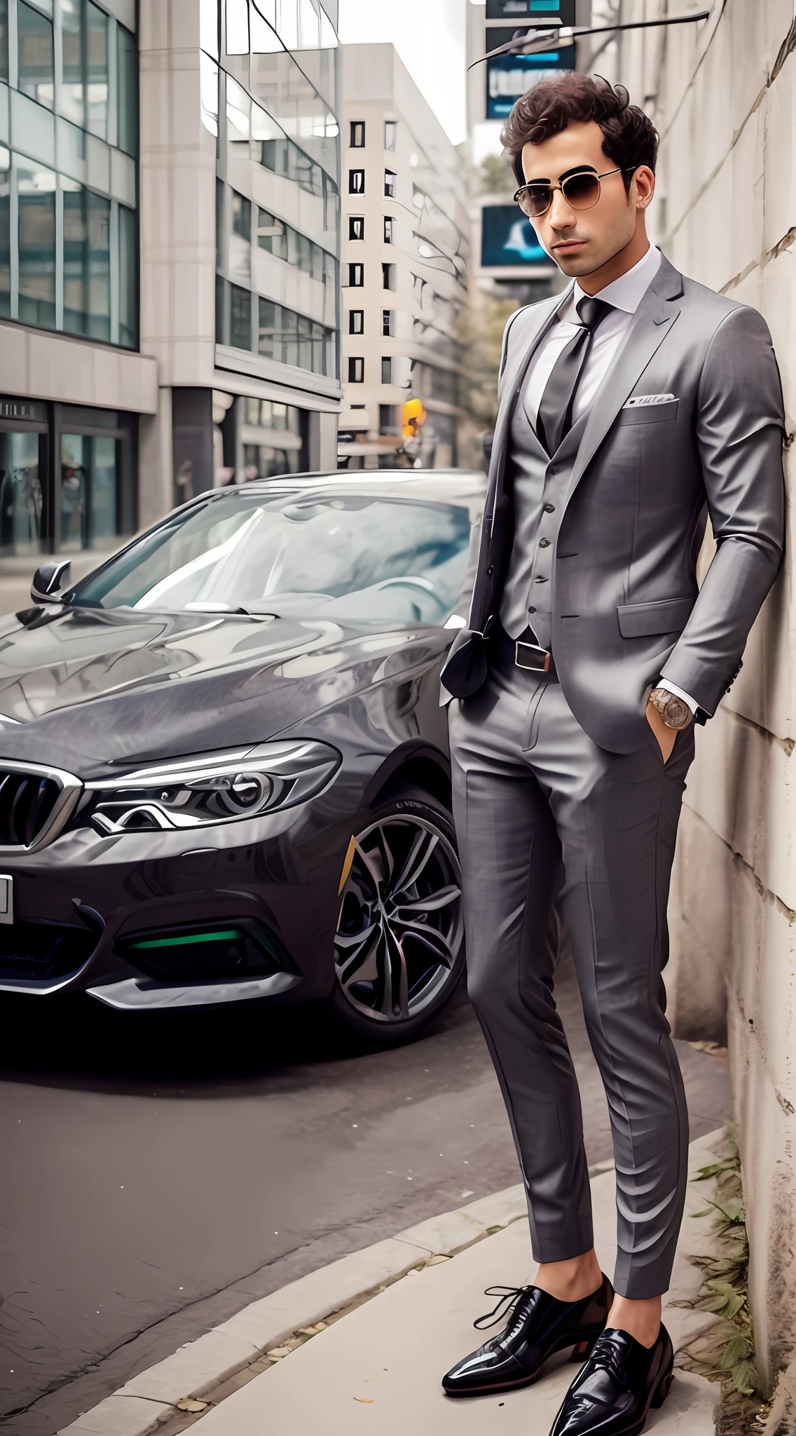arafed man in a suit leaning against a wall next to a car, wearing a stylish men's suit, stylish suit, modern maximalist suit, 3-piece-suit, grey suit, wearing dark grey suit, handsome and elegant, wearing black grey suit, luxurious suit, by Emma Andijewska, masculine appeal high fashion, well - dressed