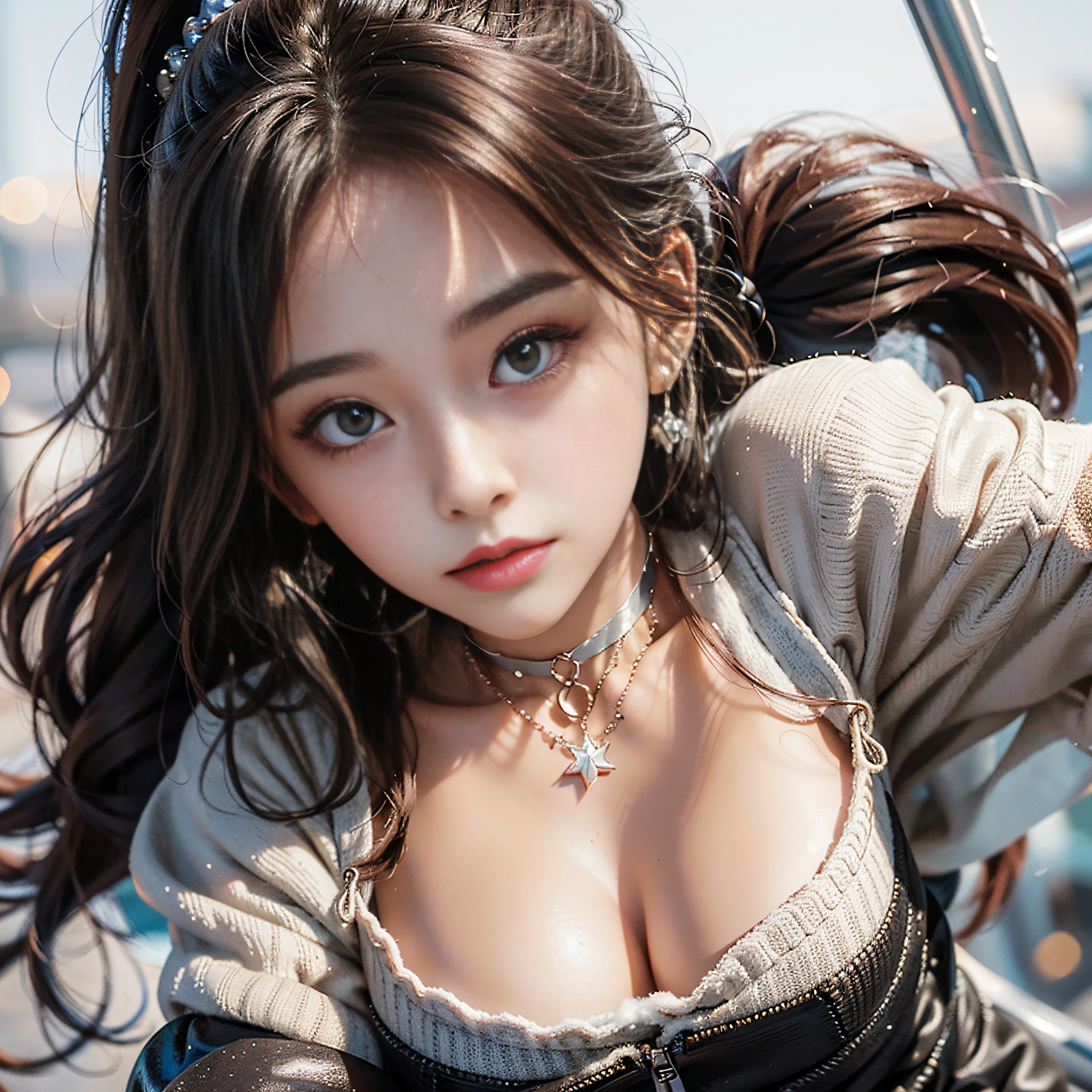 (Top Quality Detail: 1.2), Realistic, 8K UHD, High Definition, (1 Girl: 1.2), Super Detail, High Quality Texture, Intricate Detail, Detail, Very Detail CG, High Quality Shadows, Detail Beautiful Delicate Face, Detail Beautiful Delicate Eyes, Depth of Field, Ray Tracing, 20s, Pretty Kpop Girl, (South Korea: Ulzan Face: 1.1), Slender Face, (ulzzang-6500-v1.1: 0.6), PureErosFace_V1, glow eyes, blush, shiny lips, perfect body, (choker, cleavage, sweater, pantyhose: 1.1), (brown hair, ponytail: 1.1), winter_street, snow_particle, Christmas, squatting cowgirl,, POV, Watch the viewer