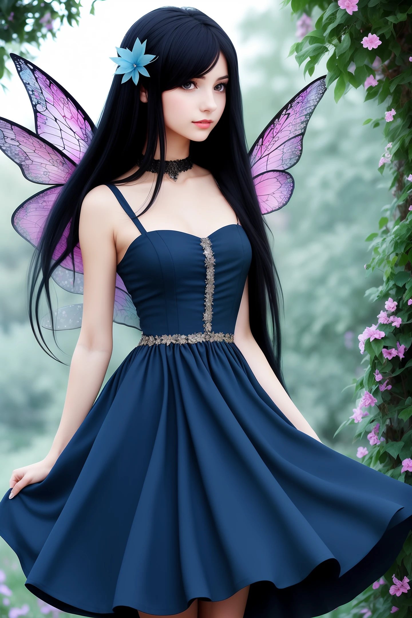 Girl with long black hair, blue dress, fairy