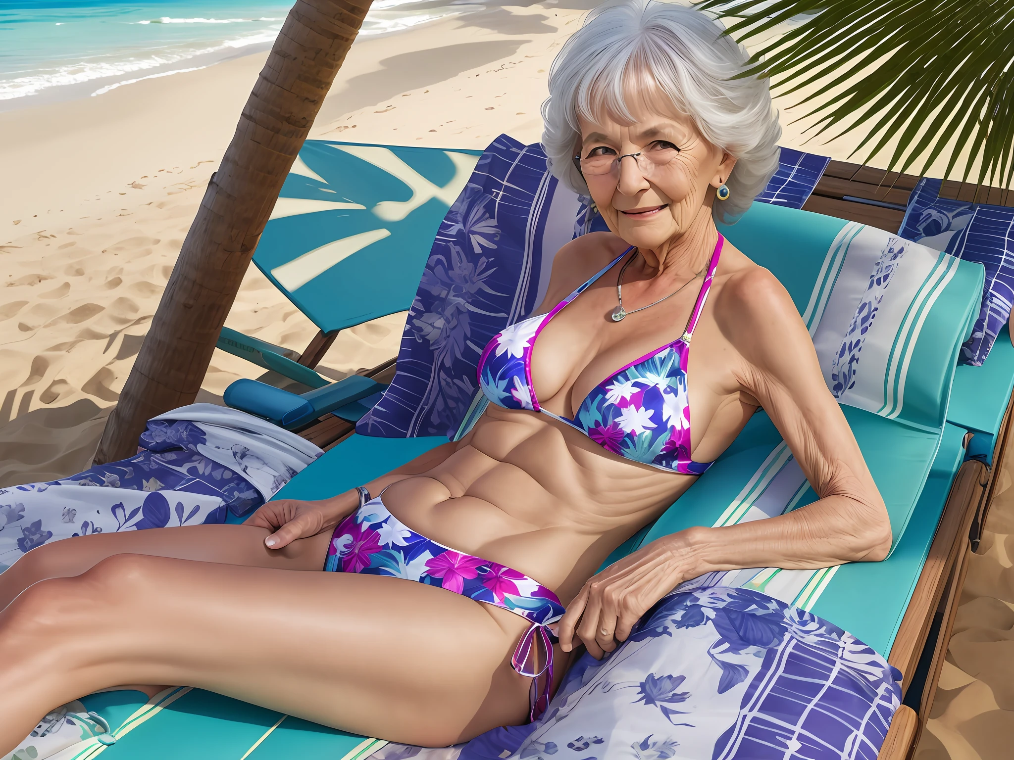 Elderly woman 60 years old in a bright swimsuit lying on a sun lounger on the beach and drinking a cocktail