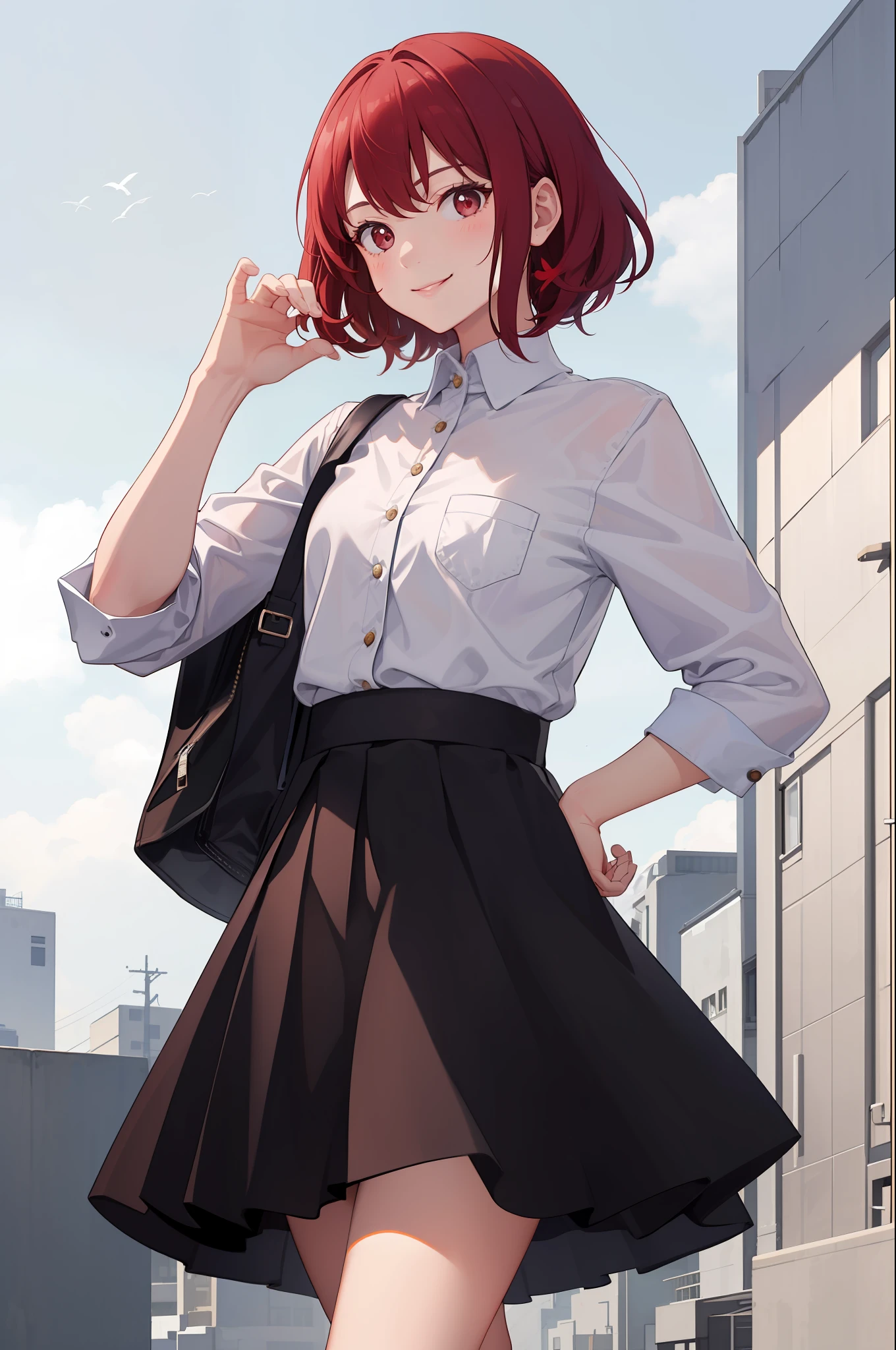 1 girl, smile, shirt, skirt, (small) chillerism, cherry-colored hair,