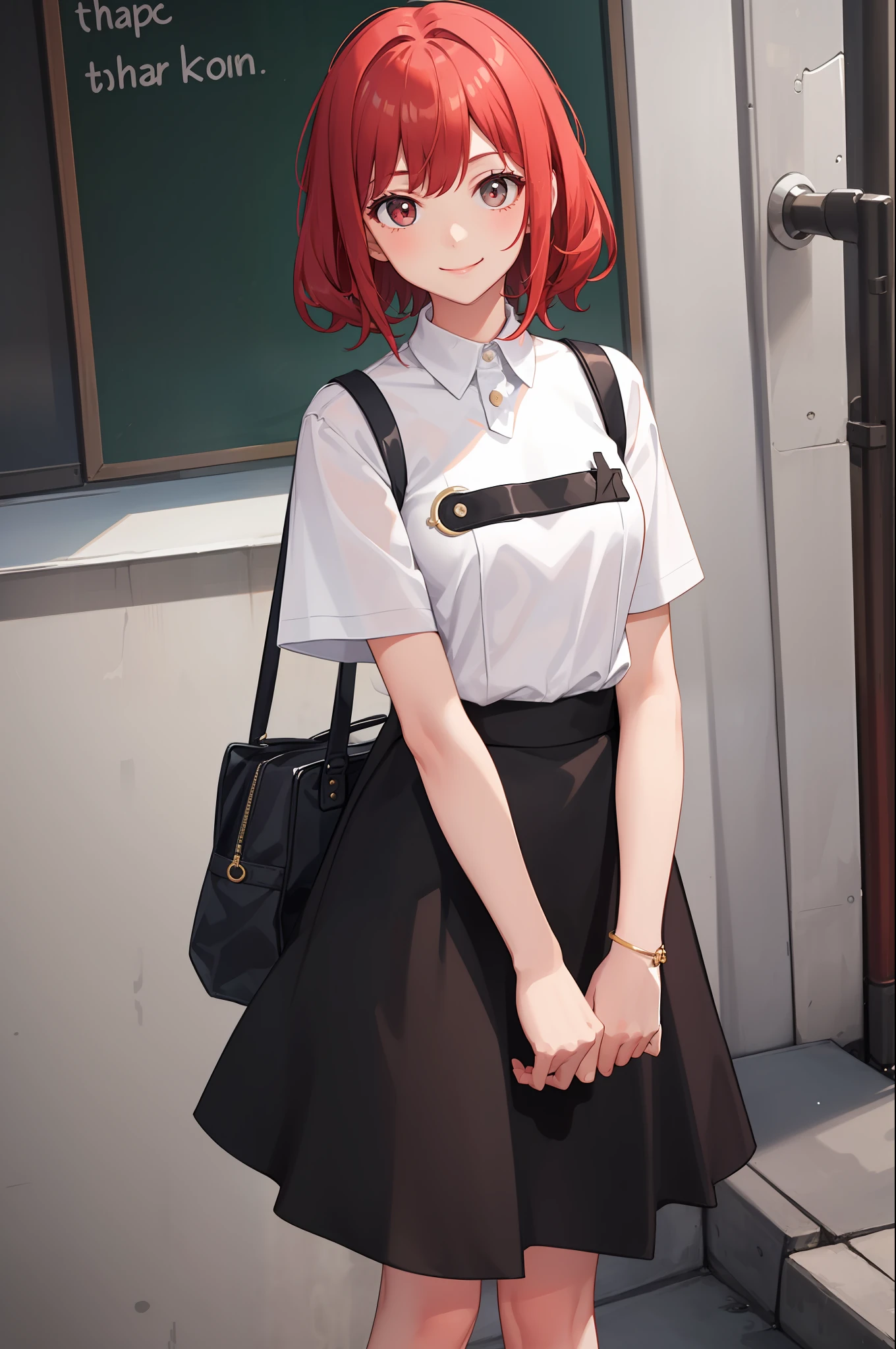 1 girl, smile, shirt, skirt, (small) chillerism, cherry-colored hair,