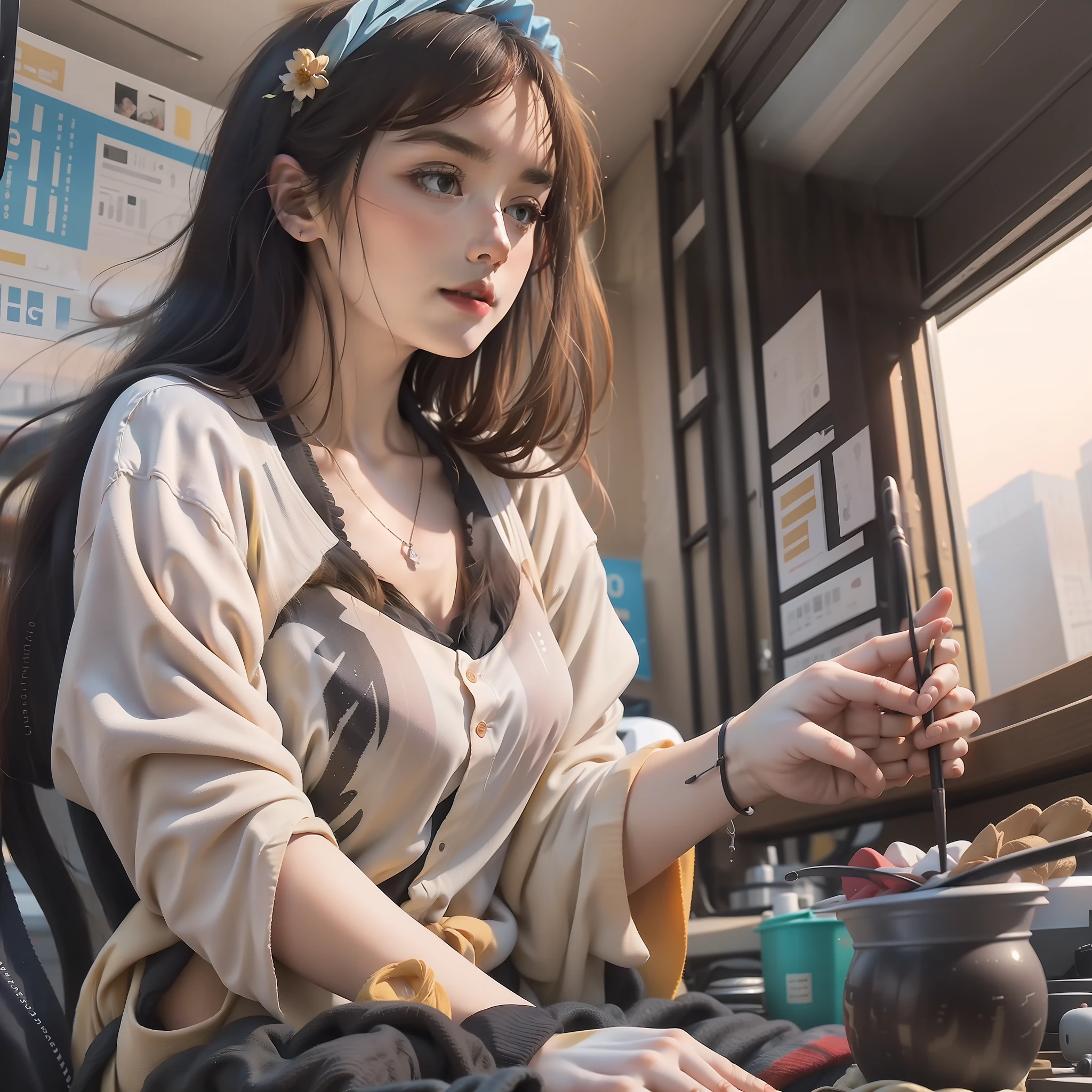 (RAW photo, best quality), (realistic, photo-realistic:1.3),best quality,highly detailed,masterpiece,ultra-detailed,illustration,1girl,upper_body,dynamic angle,world masterpiece theater,messy_long_hair,best quality,extremely detailed CG unity 8k wallpaper,ink,Amazing,cinematic lighting,lens_flare,,dunhuang_style