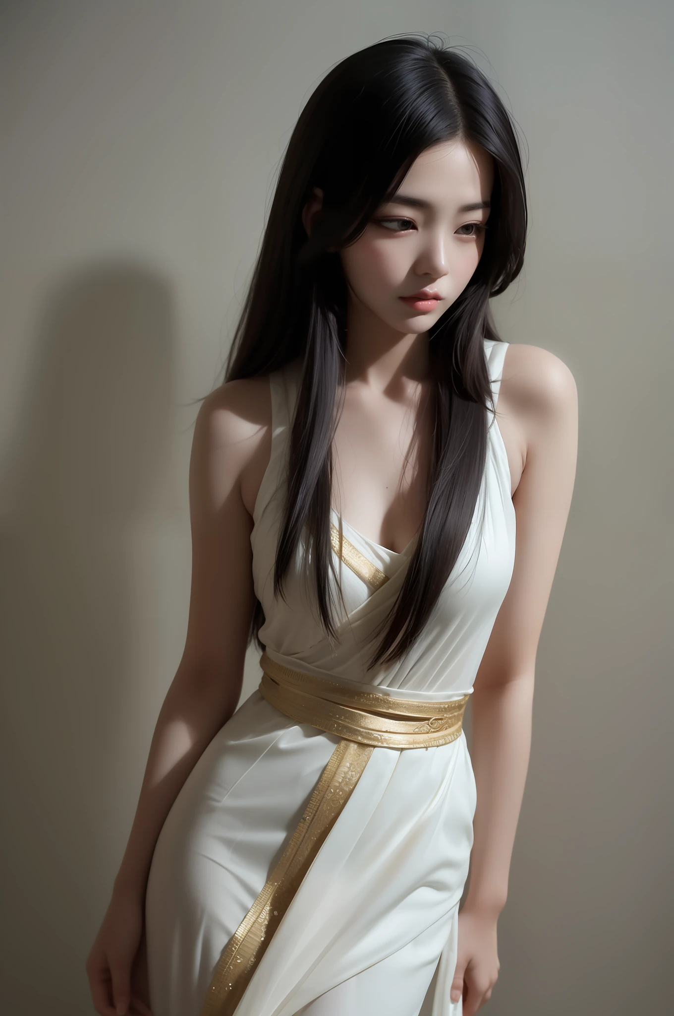 arafed woman in a white dress with a gold belt, gorgeous chinese model, tall thin beautiful goddess, gorgeous young korean woman, japanese goddess, chinese girl, beautiful young korean woman, beautiful south korean woman, full body xianxia, wearing white silk, korean women's fashion model, a stunning young ethereal figure, a young asian woman, sha xi