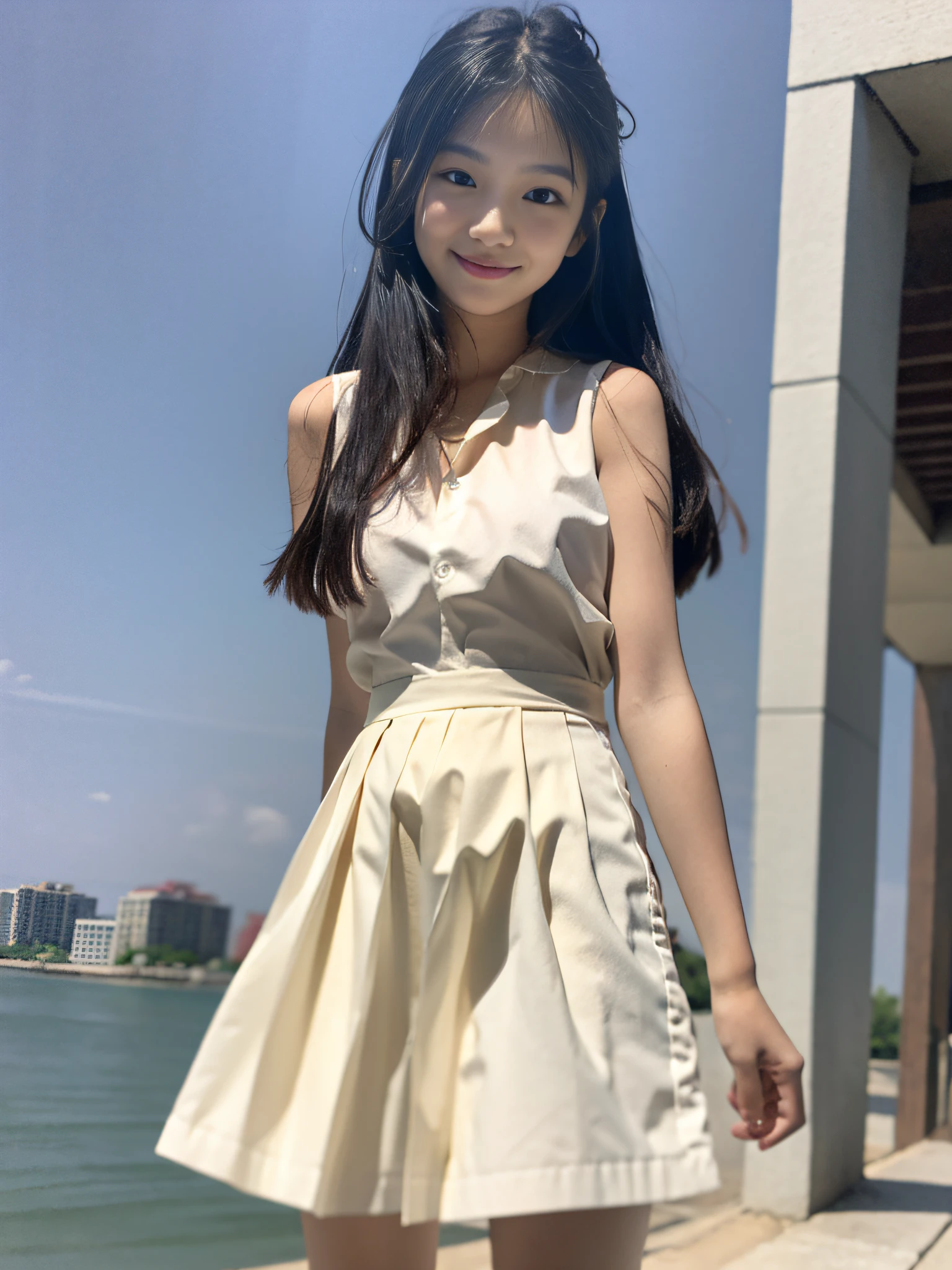 Original quality, highest quality, best image quality, exaggerated details, cute 8-year-old asian girl with shy expression, slightly squinted eyes, adjust her hair, long eyelashes (long/very, sleeveless hair) outdoors, posing in front of the camera, highlight breasts. Wearing a white shirt, a little smile.