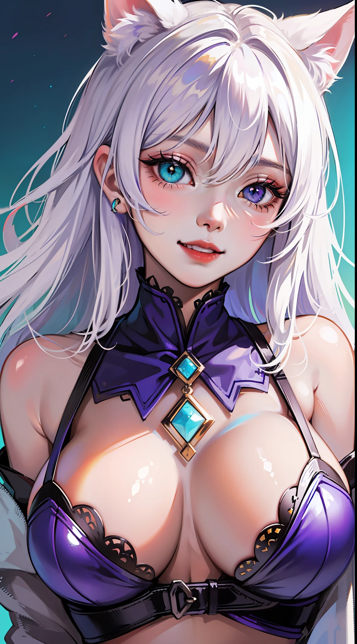 Young, long white hair, heterochromia, (left eye blue, right eye purple), white cat ears, turquoise top, open chest, big breasts, smile, masterpiece, high quality