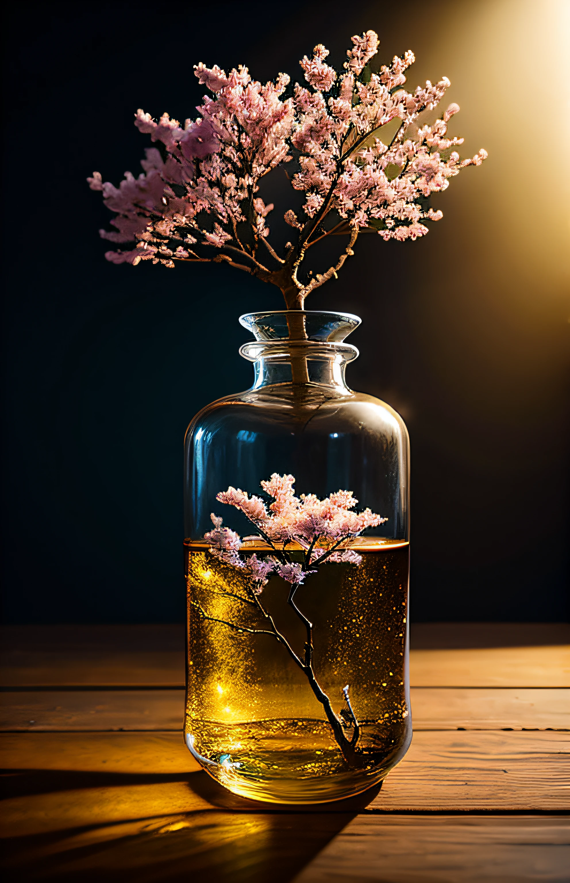 sakura tree in a bottle, fluffy, realistic, atmospheric light refraction, by lee jeffries nikon d850 film stock photograph 4 kodak portra 400 camera f1.6 lens rich colors hyper realistic lifelike texture dramatic lighting unreal engine trending on artstation cinestill 800, Style-Glass