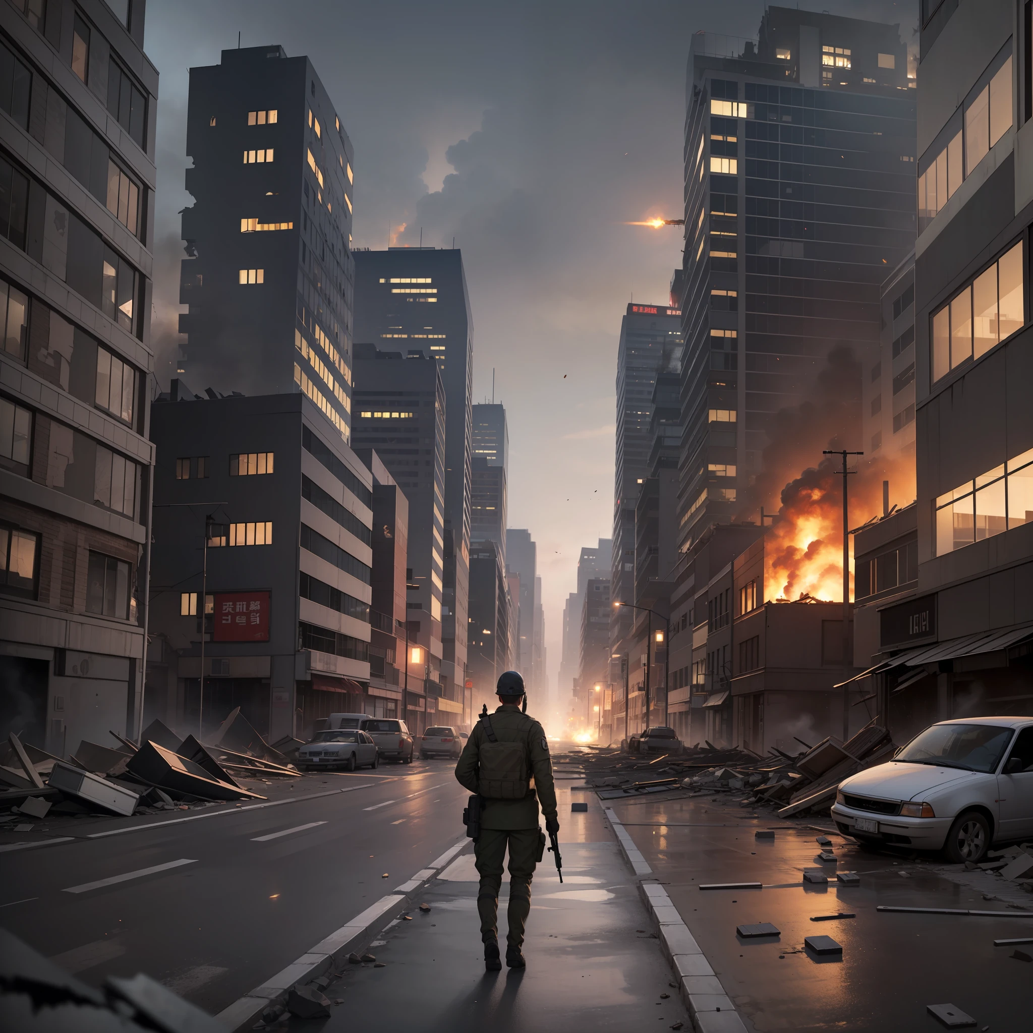 "The city is in ruins. Buildings and establishments destroyed on all sides. The sound of explosions and gunfire echoes through the empty streets. Tanks advance through the streets, destroying everything in their path. The sky is dark, covered in smoke from the bombs. It's a war scenario, a never-ending nightmare. The few survivors struggle to survive amid the chaos and destruction. No one knows when, or if, the war will end."