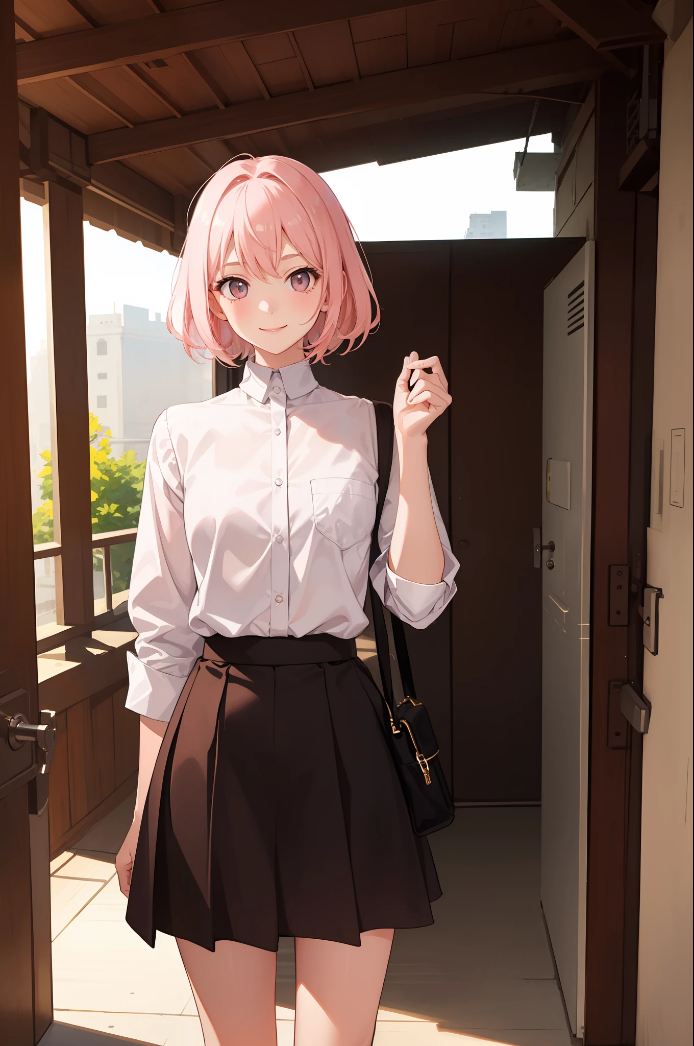 1 girl, smile, shirt, skirt, (small) chilarism, light pink hair,