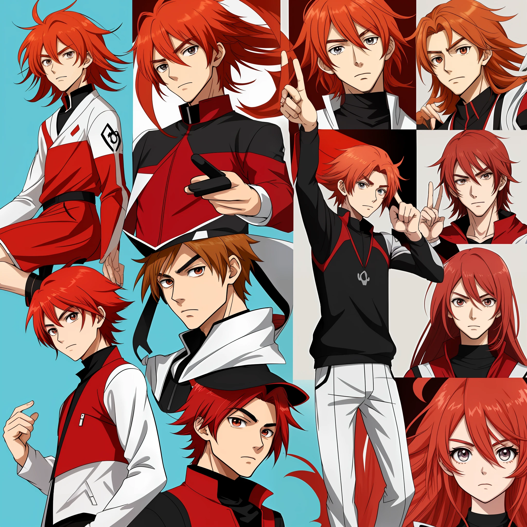 a cute, red,-haired, anime-style boy in multiple poses and expressions