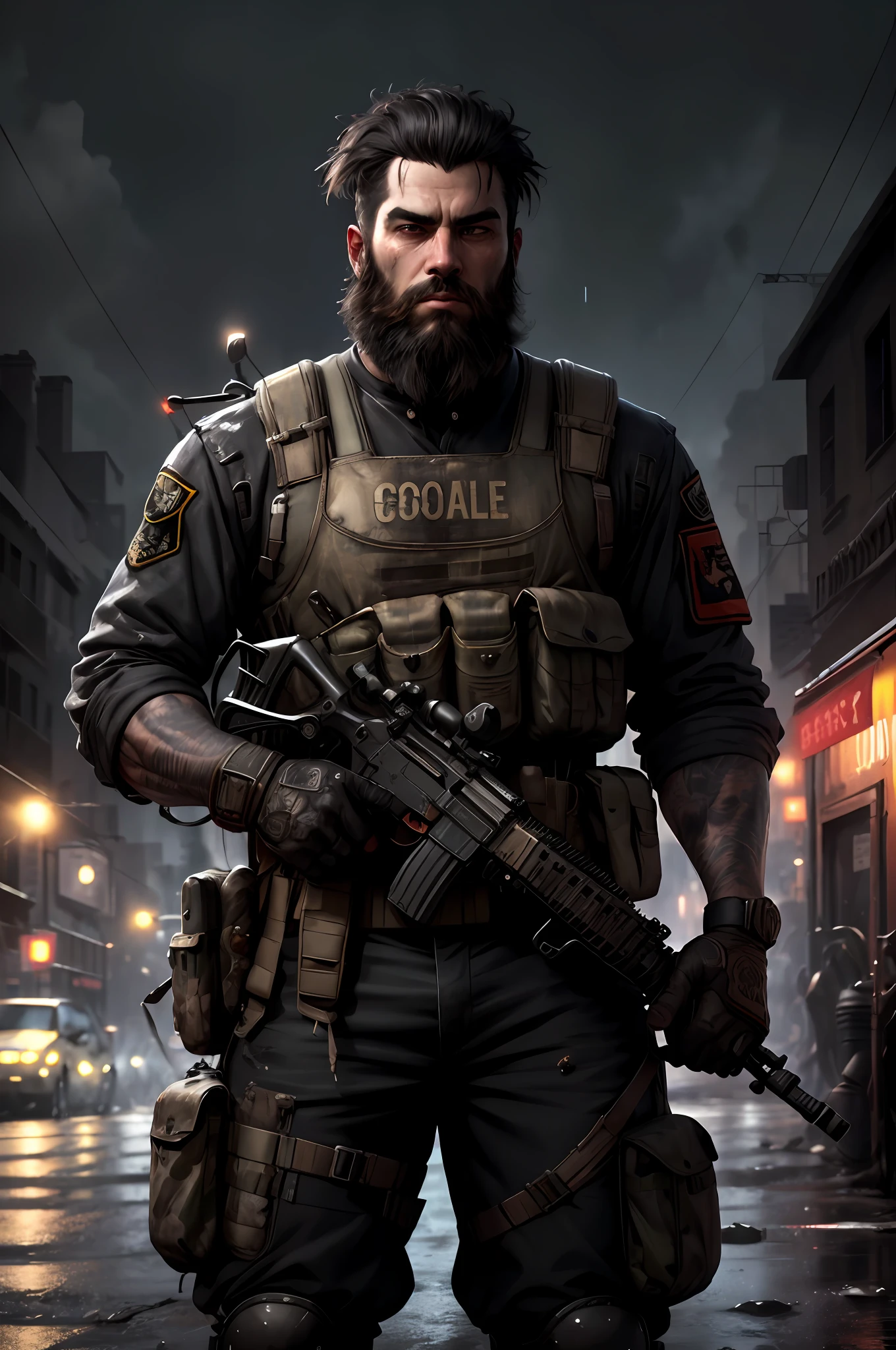 black haired guerrilla with worn black uniform and assault vest, uses assault rifle, beard, ruined background, realistic, stylish, hdr, intricate details, hyperdetailed, cinematic, rim light, danger atmosphere, noir, night, red light, dark street, rain, 4k