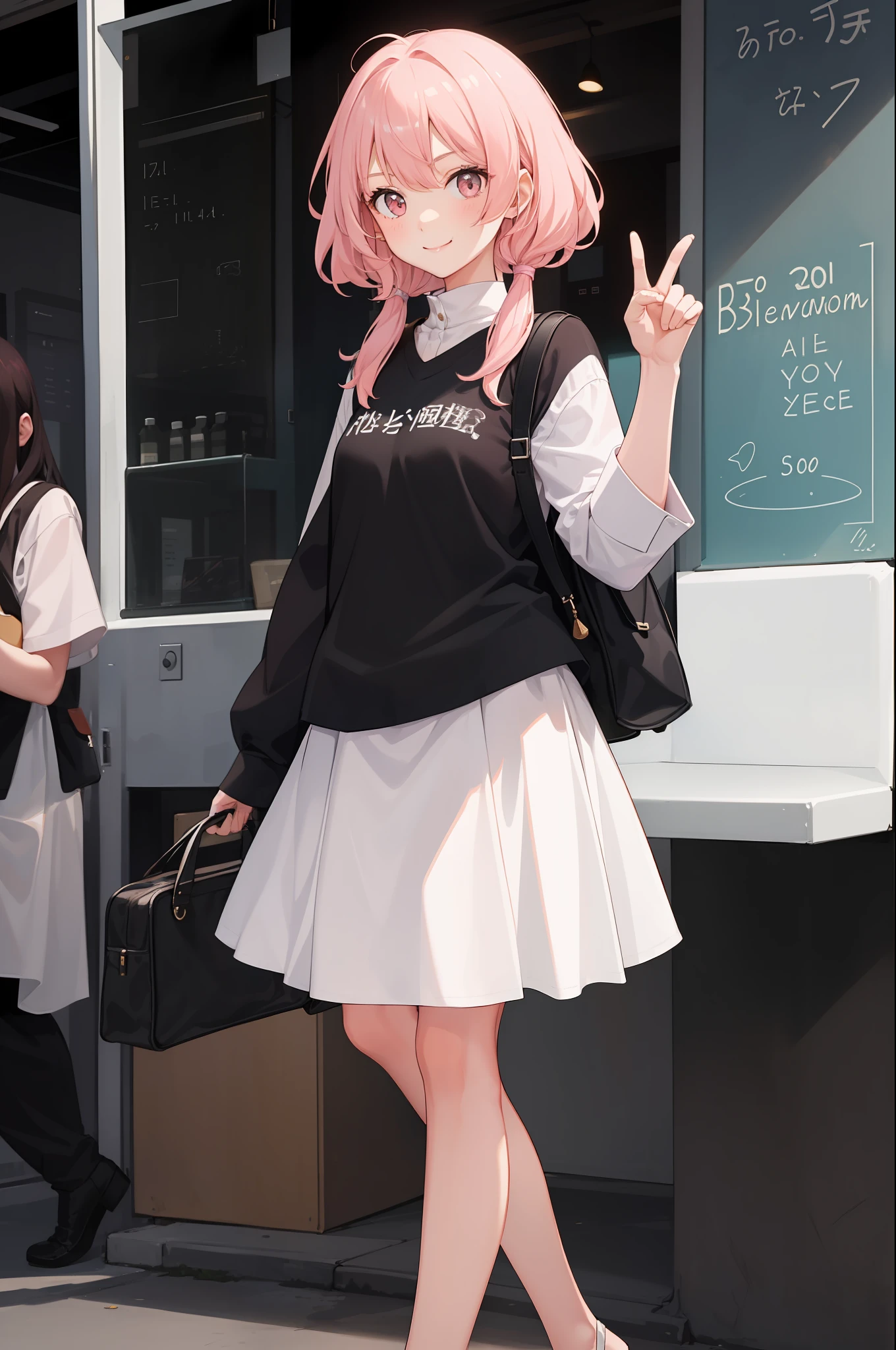 1 girl, smile, shirt, skirt, (small) chilarism, light pink hair,