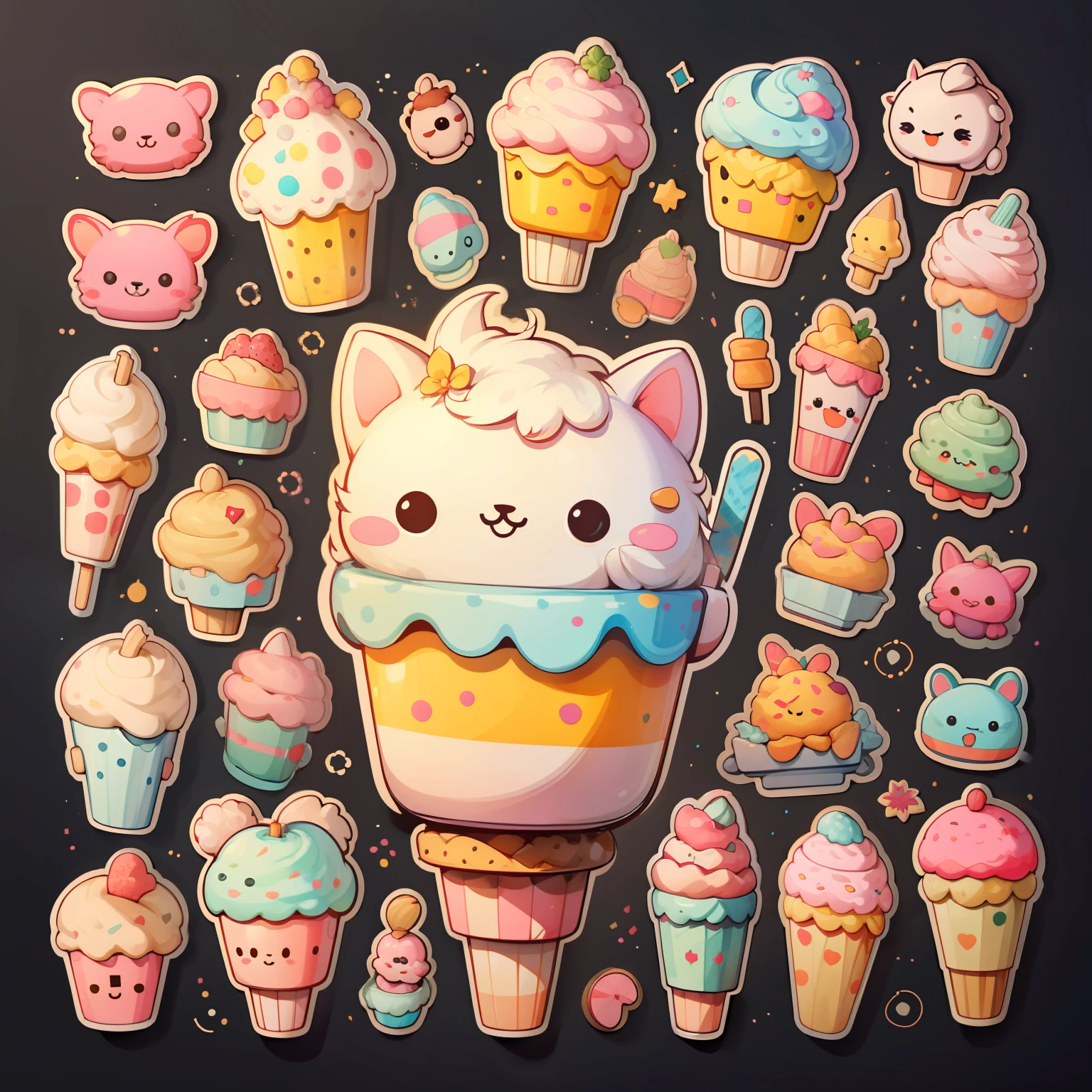 Stickers, cute all kinds of ice cream, simple background, overlook, overlook