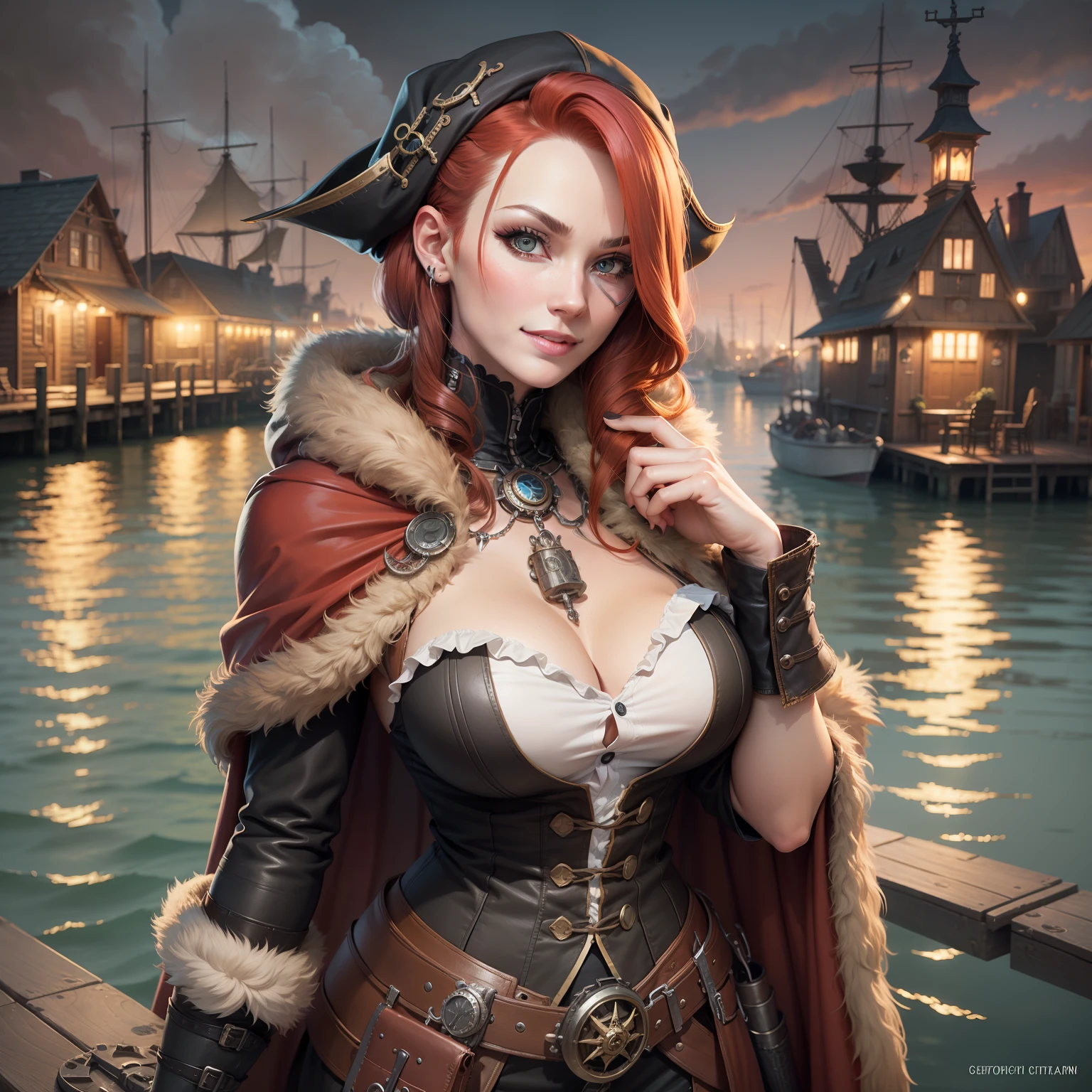 steampunkai, mature female red hair twin-tail steampunk pirate with medium breasts wearing fur trim cloak and single eye patch posing heroically smirking by the dock at night cowboy shot ,