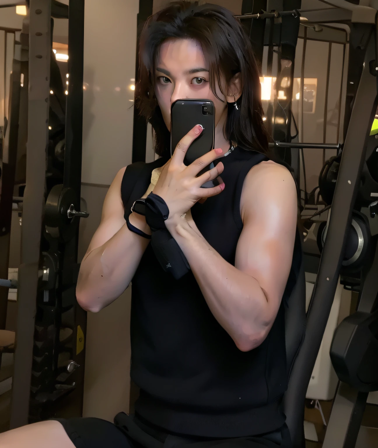 there is a man taking a picture of himself in the gym, fit pic, working out, in a gym, taejune kim, jung jaehyun, wearing a low cut tanktop, jinyoung shin, korean muscle boy 2 , wearing tanktop, profile pic, hyung tae, shoulders can be seen, tight black tanktop, kim doyoung