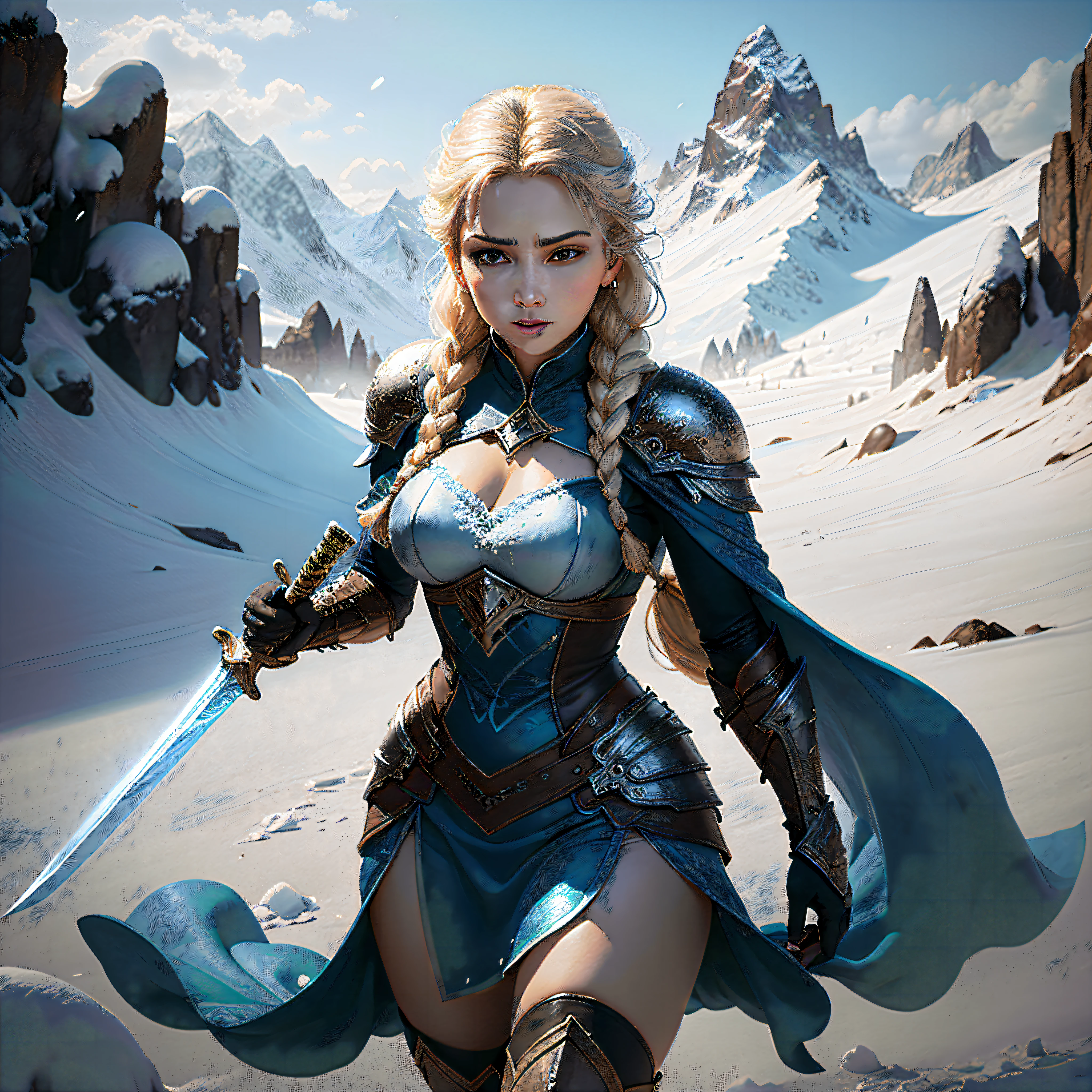 Imagine Frozen with an ice armor like an Amazon, blonde braids up to the waist, with an ice sword, ultra real image, in the background a mountain of ice with falling snow, ultra realistic image --auto