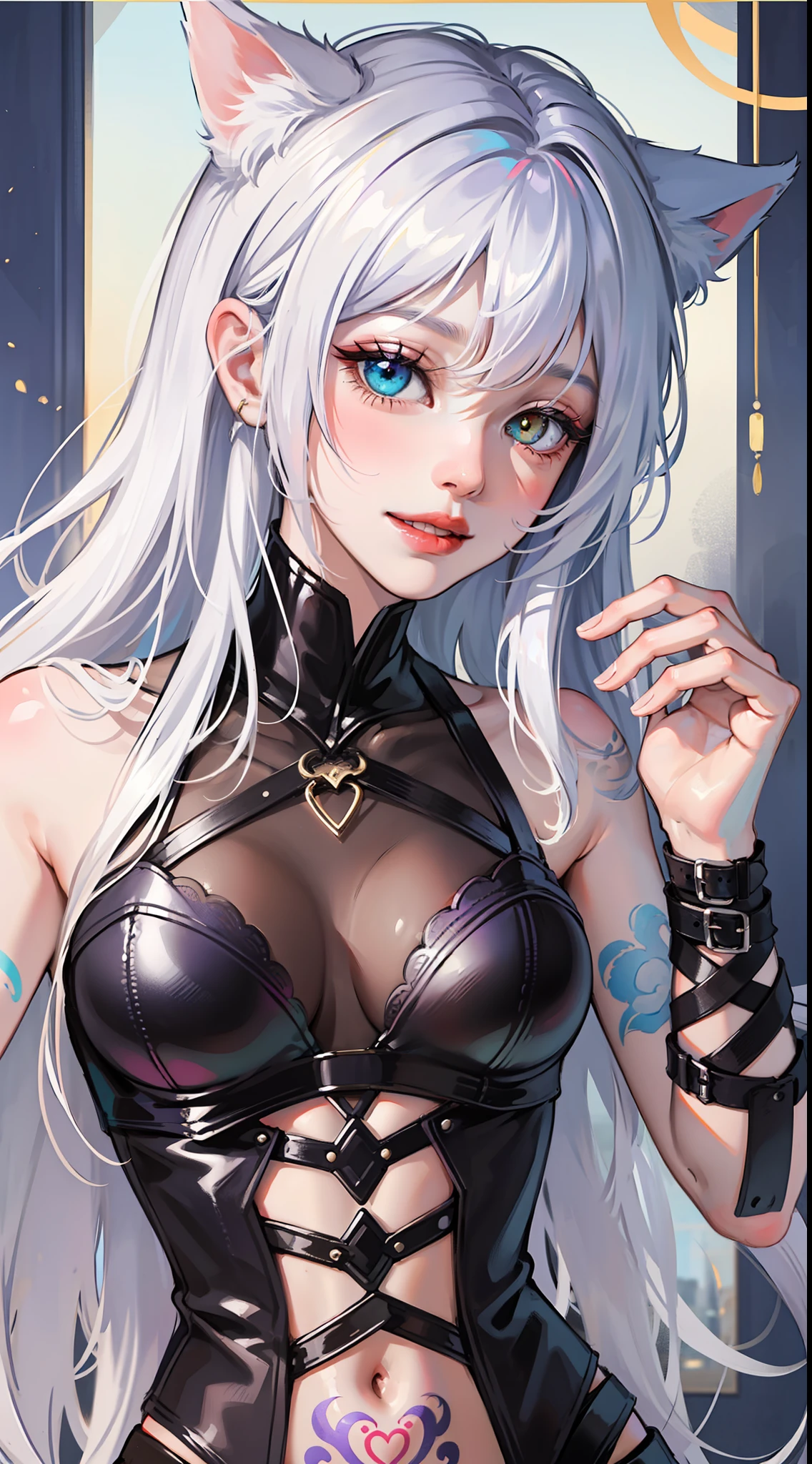 Young, long white hair, heterochromia, (left eye blue, right eye purple), white cat ears, turquoise top, open chest, tattoos, smile, masterpiece, high quality