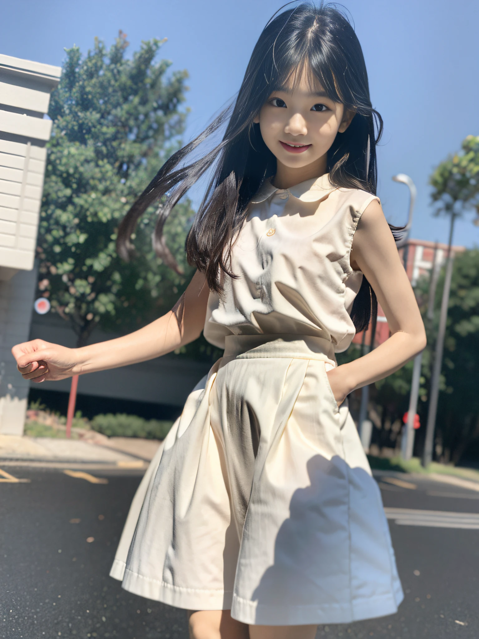 Original quality, highest quality, best image quality, exaggerated details, cute 8-year-old asian girl with shy expression, slightly squinted eyes, adjust her hair, long eyelashes (long/very, sleeveless hair) outdoors, posing in front of the camera, highlight breasts. Wearing a white shirt, a little smile.