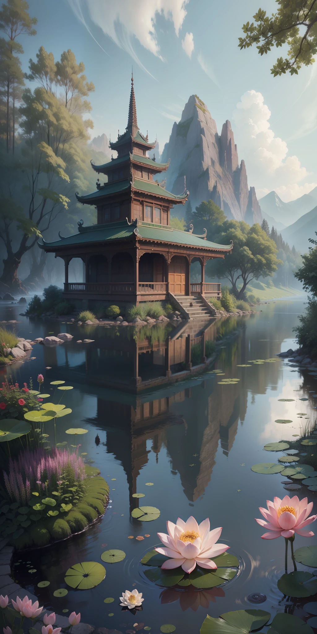 landscape,water,(extremely detailed CG unity 8k wallpaper), sunny sky , background only one mountain with small forest, left side brick citywall ,4gate way with tiered
roof, centered water mote with lotus flowers ,right side boulevard trees growing, most beautiful artwork in the world,professional majestic oil painting,intricate, High Detail, Sharp focus, dramatic, photorealistic painting art