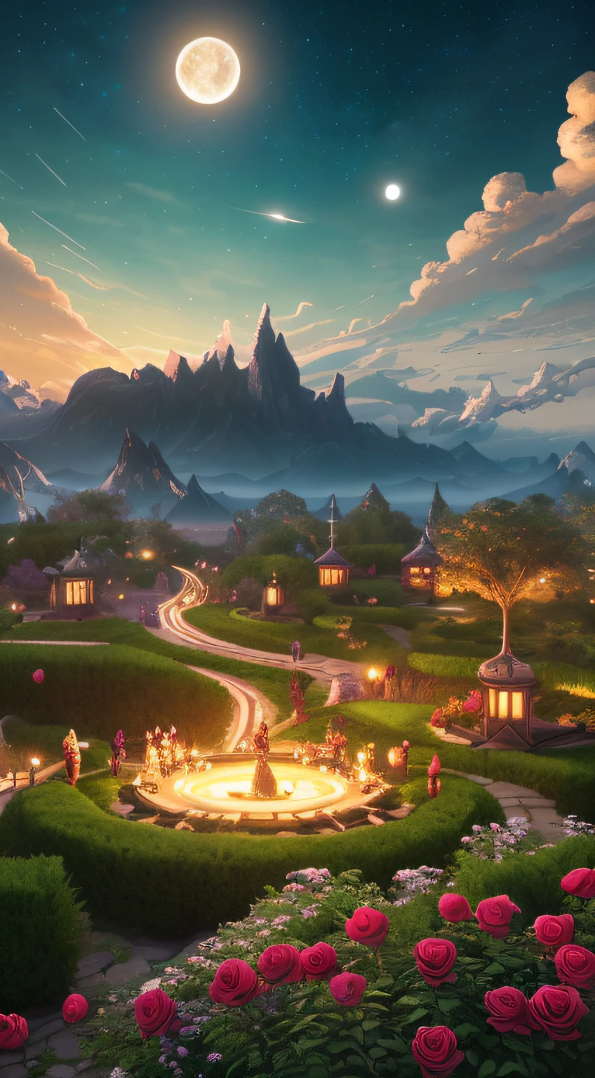 overlooking, fairy tales, surrounded by roses, dragons and phoenixes chasing the moon in the night sky, very beautiful, lighting effects, dreams, starry sky, super details, illustrations, 4K unreal engine, ethereal clouds HD 9:16K unreal engine, ethereal clouds,8K, HD --ar 9:16 --auto