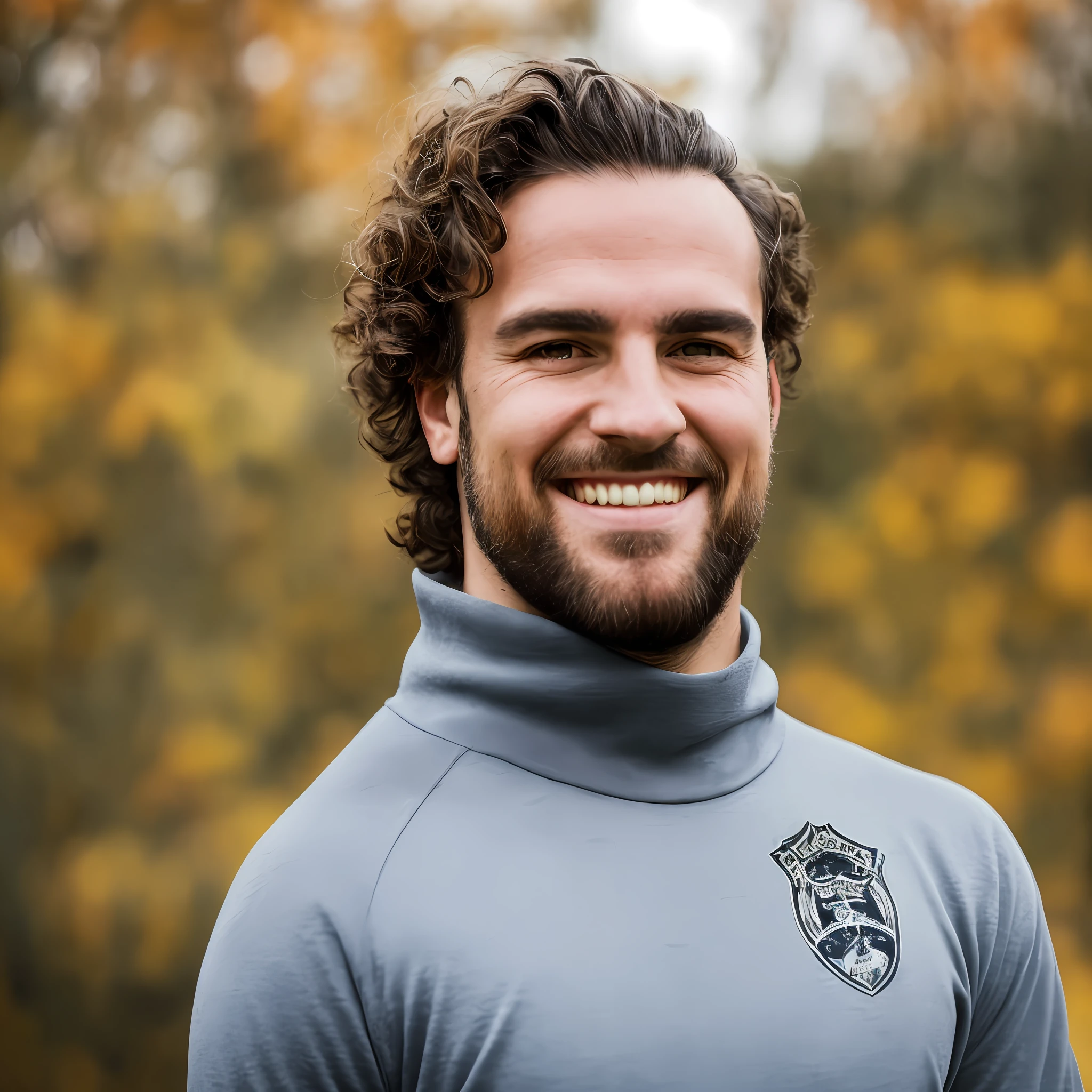 Football goalkeeper, thinning beard, face close to camera, smiling, shirt with turtleneck --auto