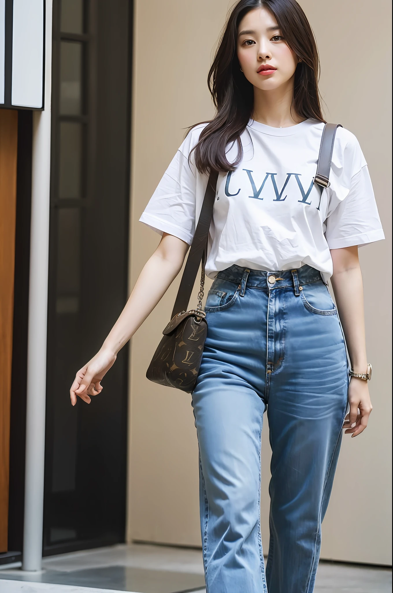 the girl was wearing LV t-shirt and jean pant, master piece, ( (8k:1.61), holding Louis Vuitton bag, advertising LV brand, ((LV logo)), high res 1.67, realistic, hyper detailed,