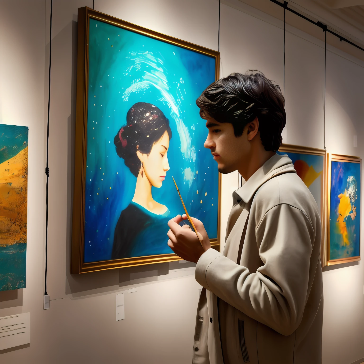 In this literary film, the protagonist is a young artist with rich connotations, his eyes are deep and charming. The story is set in an old gallery and is full of strong cultural atmosphere. The walls are filled with colorful abstract works of art, each of which seems to exude the power of life. Soft lighting spills into the corners of the exhibition hall, illuminating the calm audience who are immersed in a sea of art. The protagonist stands quietly in front of a work, his eyes revealing a unique understanding of art. His fingers touch the canvas gently, as if to speak to the artist's soul. At this moment, time seemed to freeze, all sounds disappeared, and only thoughts flew in this piece of silence.