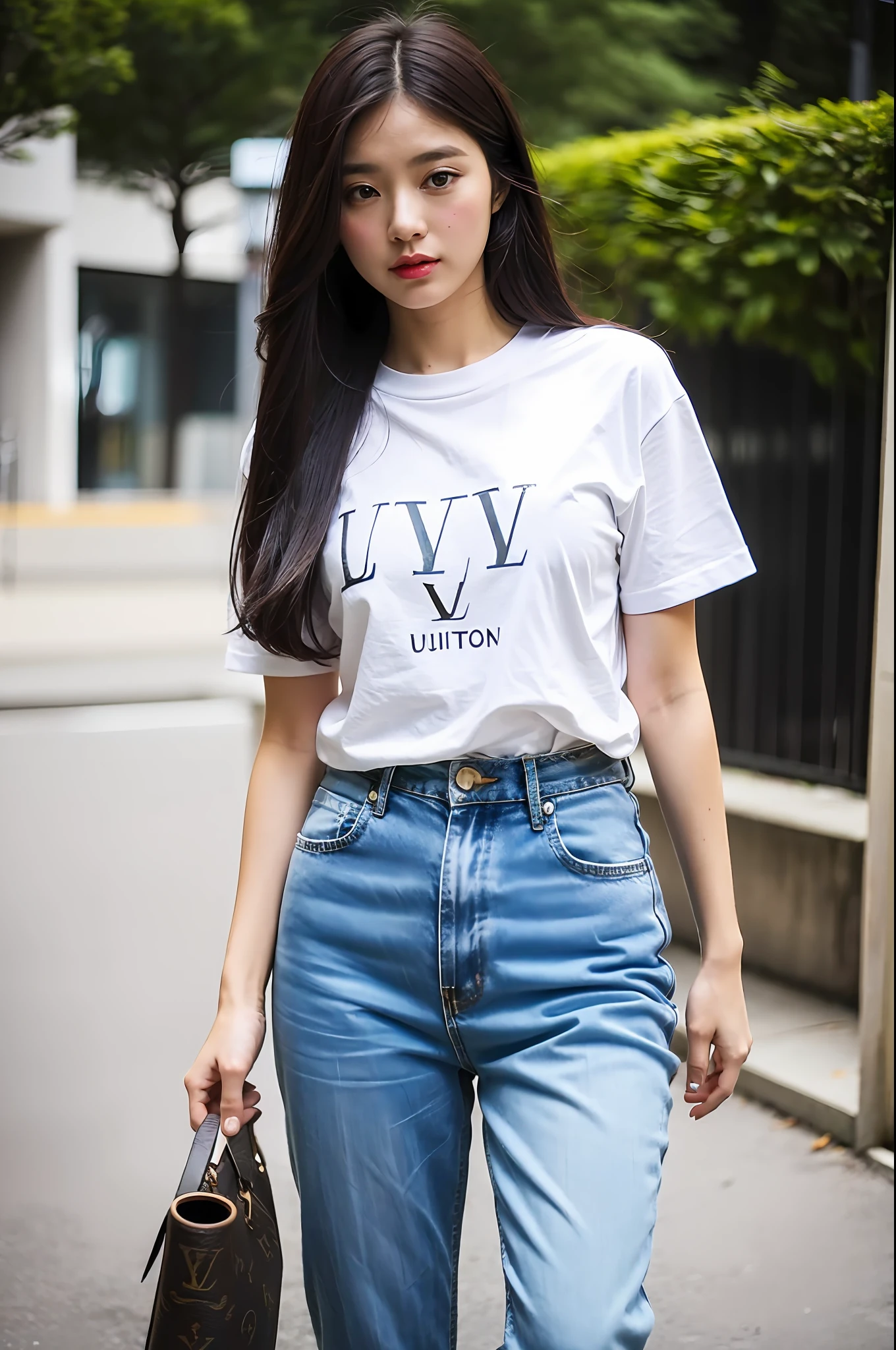 the girl was wearing LV t-shirt and jean pant, master piece, ( (8k:1.61), holding Louis Vuitton bag, advertising LV brand, ((LV logo)), high res 1.67, realistic, hyper detailed,