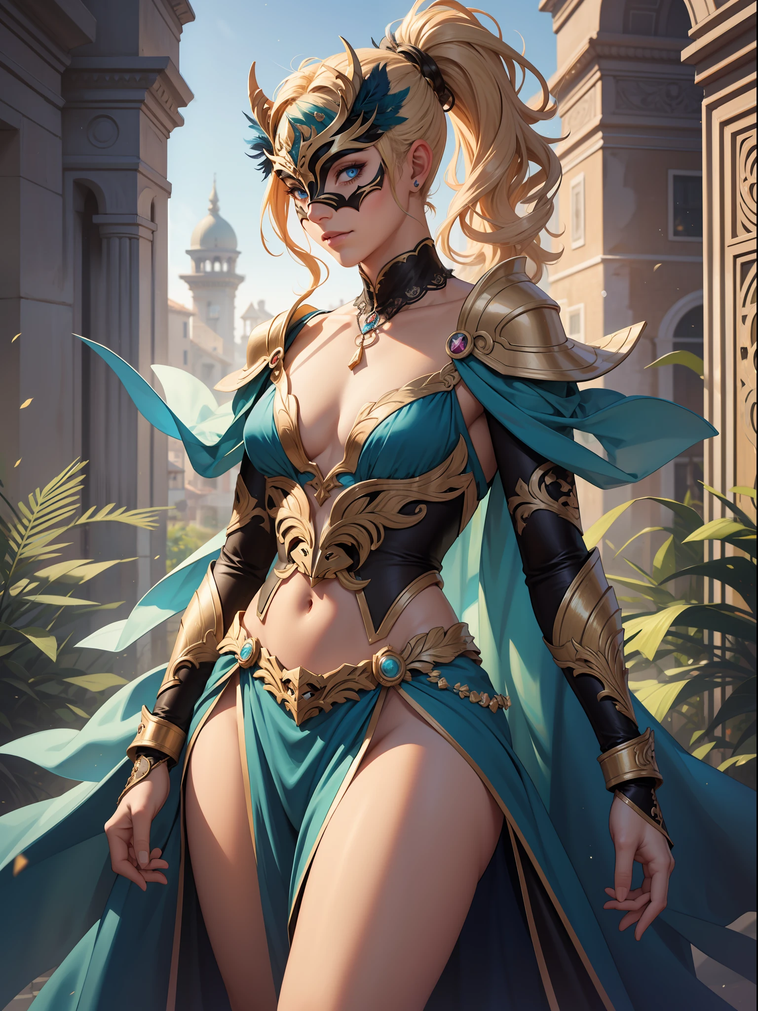 (masterpiece, absurdres, highres, ultra detailed), 1man, wavy blonde hair, blue eyes, ponytail, perfect face, male focus, femboy, flat chest, bulge, androgynous, detailed eyes and face, slight smile, full body shot, cowboy shot, masquerade, carneval, (venetian mask:1.2), vibrant peacock feathers, intricate, elegant, highly detailed, digital painting, artstation, smooth, sharp focus, illustration, illuminated lines, outrun, vaporware, intricate venetian patterns, fantasy outfit, sensual curves, bare collarbones, trending on pixiv, highest quality, particles, god rays, moonlight, moody, emotional, photon mapping, realistic shadows,