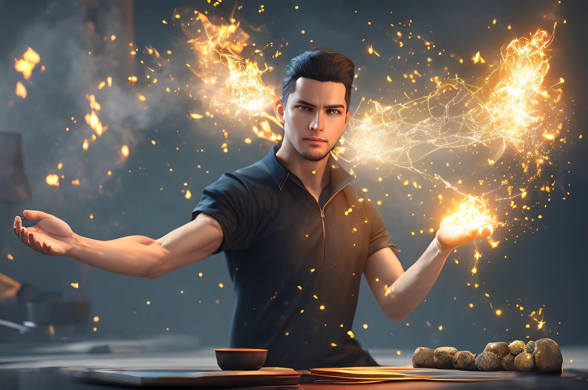 There's a man casting a spell in his hand, he's casting an illumination spell, 3D render 4k digital art