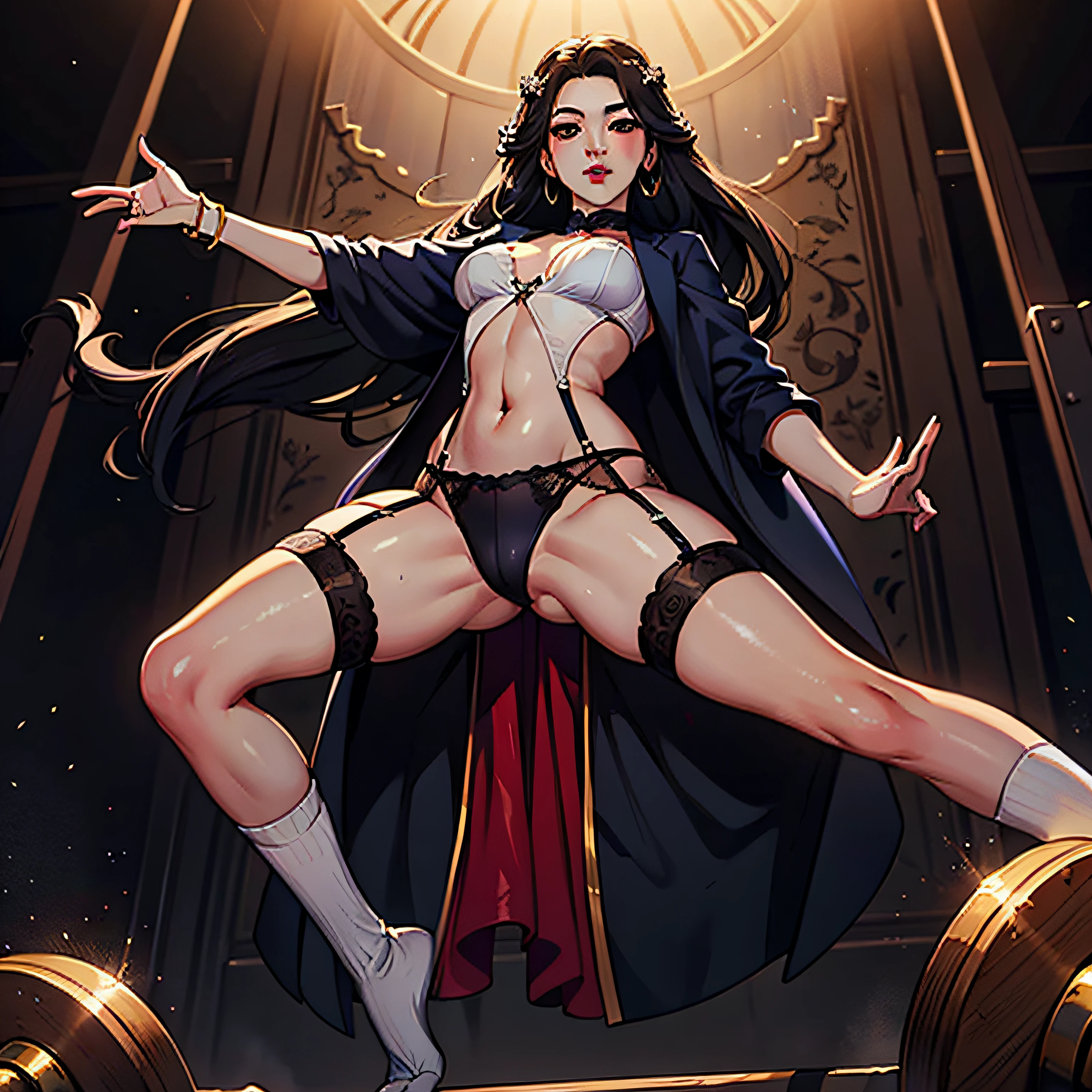 Create vivid oil paintings of the whole body of a split-legged girl wearing semi-sheer tulle, the charming Jun Ji Hyun, garter, sock ring, body lifting, dynamic movements --auto
