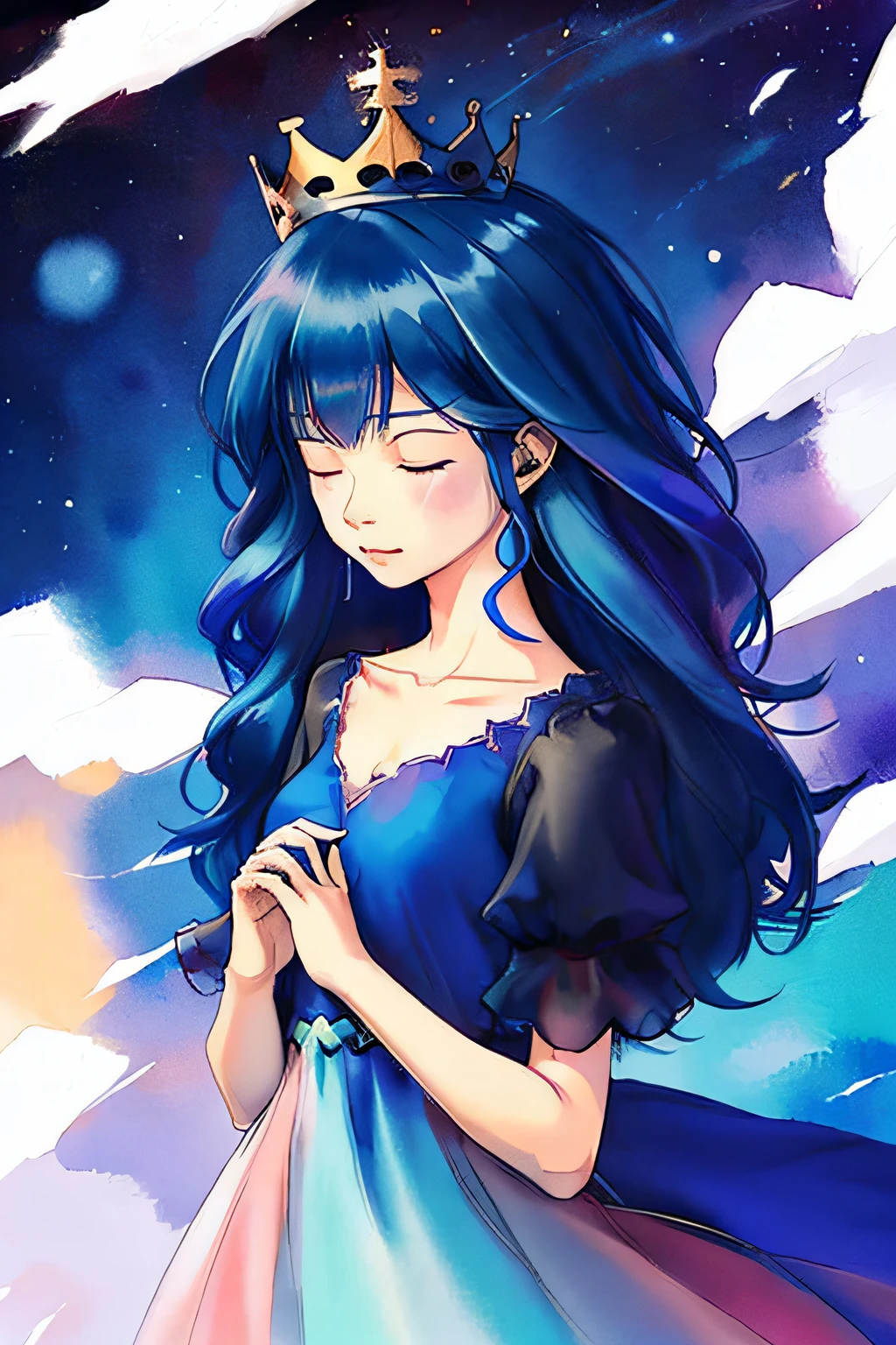 2d, nsfw, pastel color, watercolor, low color saturation,
lineart,
ankymoore, 1girl, solo, long hair, dress, closed mouth, blue hair, collarbone, closed eyes, upper body, artist name, hand up, crown, facing viewer, constellation,