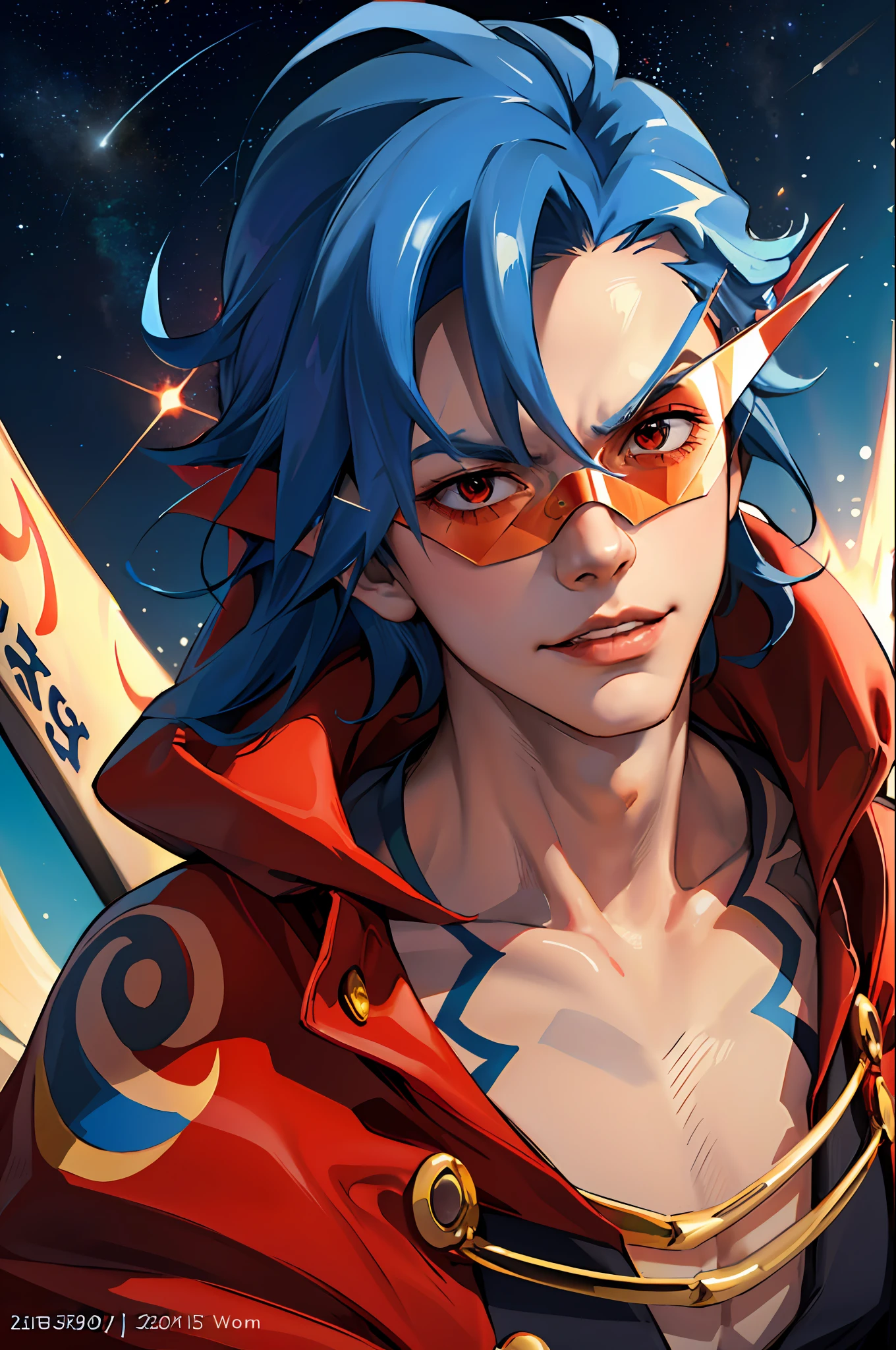 Create a detailed drawing of the character Kamin from the anime "Gurren Lagann" in a space interior. Let Kamina be depicted up close to show all the small details of his appearance. Please ensure the highest quality of work and maximum detail so that every line, shadow and texture is clear and realistic. Apply a clear focus to especially reflect Kamin's facial expressions and his characteristic features, such as amber gloss on his hair and red cloak. Let the cosmic surroundings around him be spectacular, with stars, planets or cosmic constellations enhancing his heroic appearance. Red sunglasses, colorful crystals, Please make the drawing accurate according to the appearance of Fireplace from the anime Gurren Lagann. He looks at the cosmic sky. Neon, glare