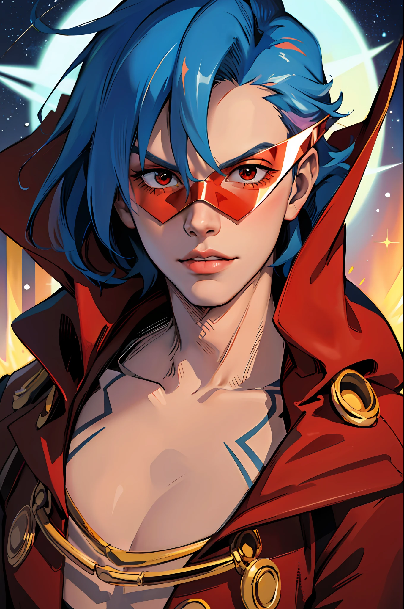 Create a detailed drawing of the character Kamin from the anime "Gurren Lagann" in a space interior. Let Kamina be depicted up close to show all the small details of his appearance. Please ensure the highest quality of work and maximum detail so that every line, shadow and texture is clear and realistic. Apply a clear focus to especially reflect Kamin's facial expressions and his characteristic features, such as amber gloss on his hair and red cloak. Let the cosmic surroundings around him be spectacular, with stars, planets or cosmic constellations enhancing his heroic appearance. Red sunglasses, colorful crystals, Please make the drawing accurate according to the appearance of Fireplace from the anime Gurren Lagann. He looks at the cosmic sky. Neon, glare