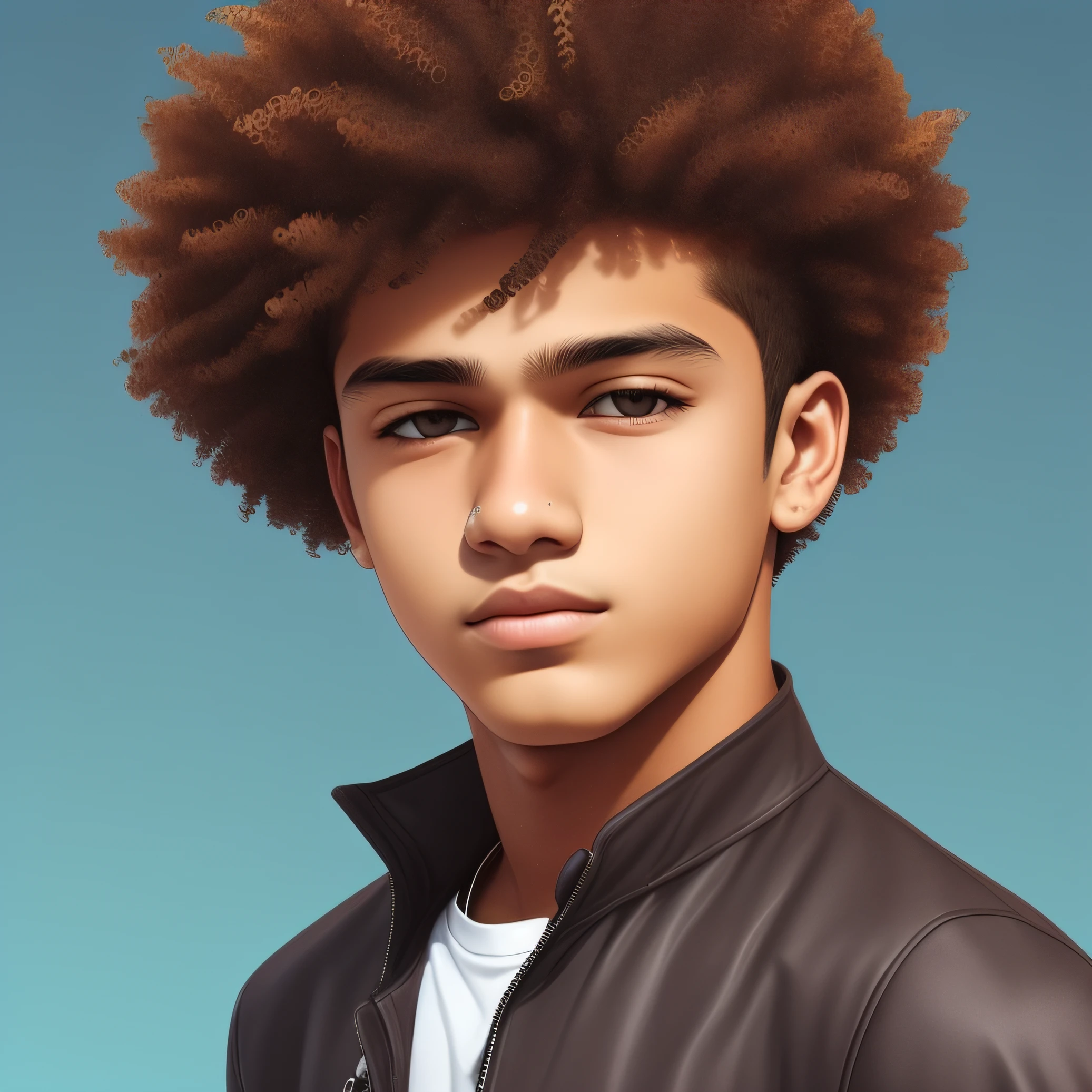 Create an illustration of an 18-year-old brown boy in futuristic clothing, short curly hair --auto