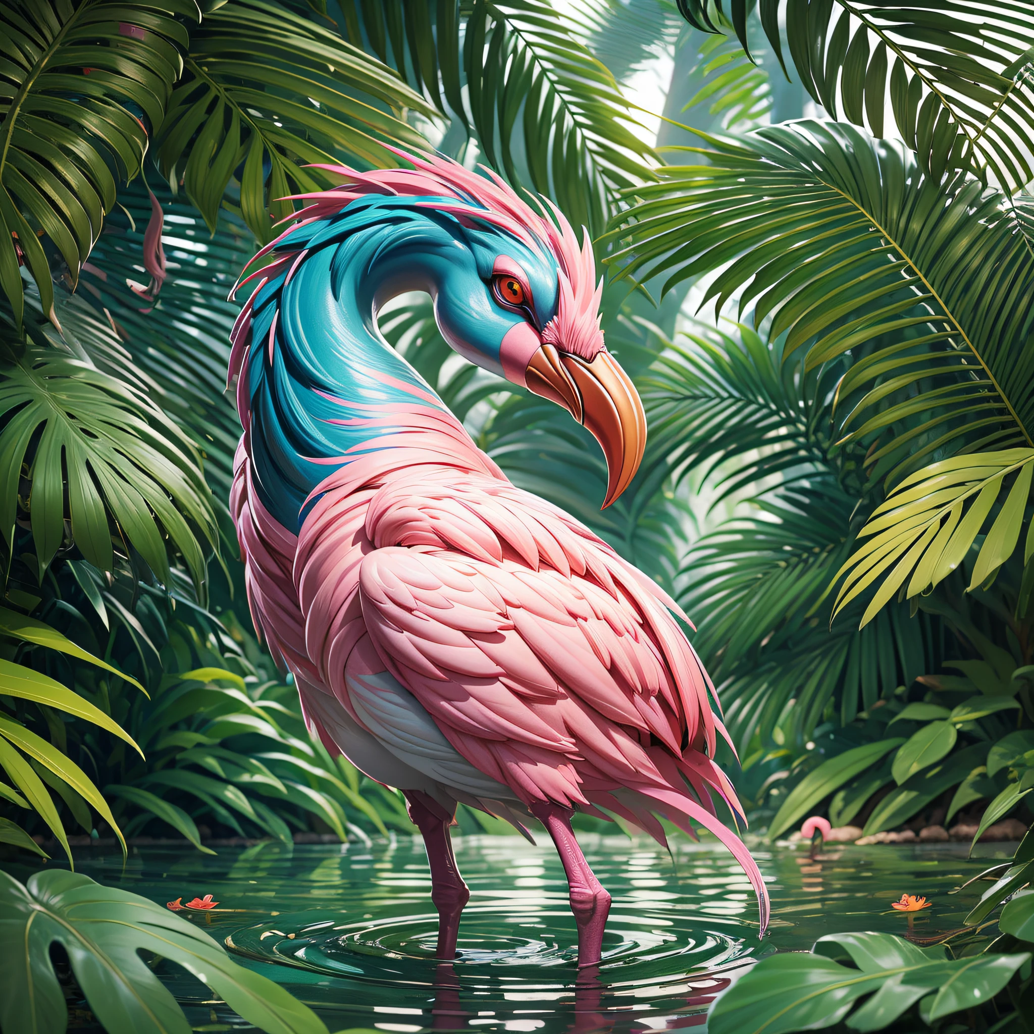 lush flamingos and zebras, tropical forest, moist, wet foliage, extravagant sunset, painting rich in detail, elegant, tropical foliage, striking palm trees, high definition quality, ultra detailed, cinematic, raw, 8k, flamingos in the background dancing Hawaiian hula, highly detailed feathers, richness of detail, hyper realistic, surrealist, dream, illusion, award-winning painting, HD quality, 2.8 aperture, by Susan Heidi,  tropical paradise, inspired by Hildebrandt, David B. Mattingly, by Wayne England, Joe Jusko, amazing background, tropical atmosphere, Richard Maythew, by Ron Walotsky, full of fauna, (Ultra High Anti-Aliasing, Intricate Detail, Art Station, Virtual Engine, DOF, Super Resolution, Megapixel, FKAA, TXAA, RTX, SSAO, Post-Processing, Post-Production, Tone Mapping, CGI, VFX, SFX, Crazy Detail and Complexity, Ultra Realistic Ultra Detail,  Super Detail, Realistic, Ultra Realistic, Unreal Engine, 8K, Masterpiece, Best Quality, Ray Tracing, Depth of Field, Surrealistic